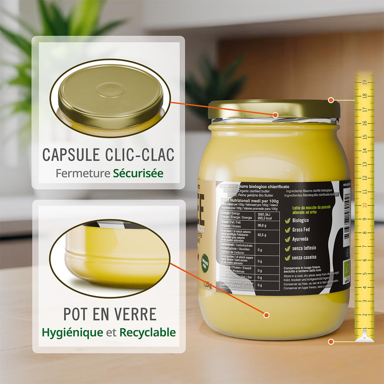 Ghee Bio - beurre clarifié selon l'ancienne recette ayurvédique - uniquement à partir du lait de vaches au pâturage - extrêmement digestible sans lactose - Exponatura (1250 g)