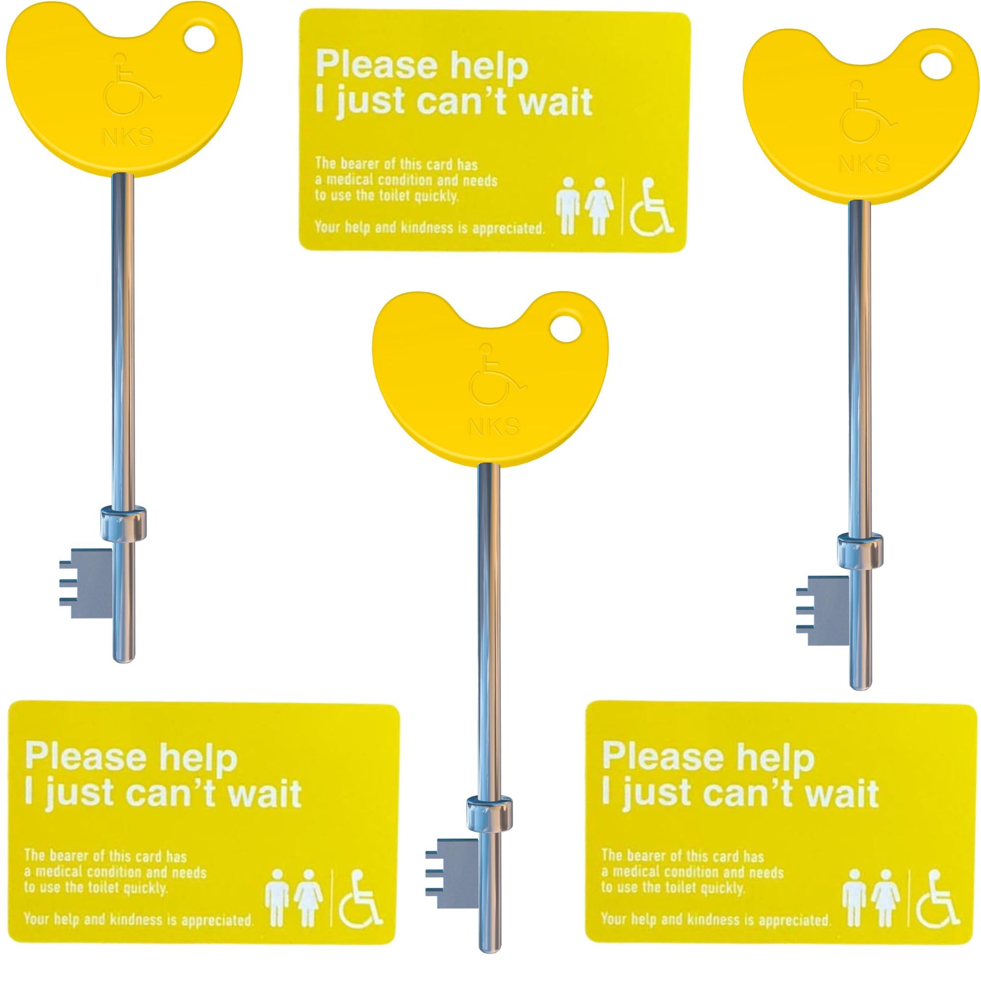 NKS Yellow Radar Key & Card – Disabled Toilet and Bathroom Door Access, 3 Braille Easy-Turn Keys with 3 Cards, Trusted Radar Keys for Accessible Public Toilet Locks with Just Can't Wait Card (3-Pack)