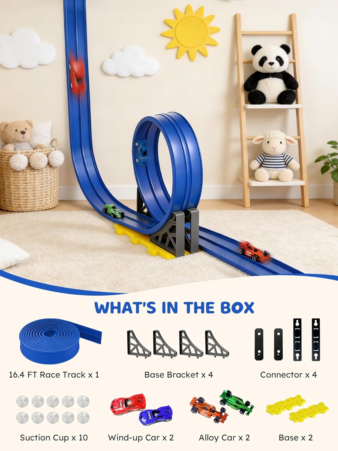 Flexible Race Track for Kids - 16.4 Ft Portable Rolls Up Circular Tracks with Bracket 4 Racing Cars Suction Cup, 3+ Years Car Ramp Kids Toy Compatible with Normal Diecast 1/64th Cars (Blue)