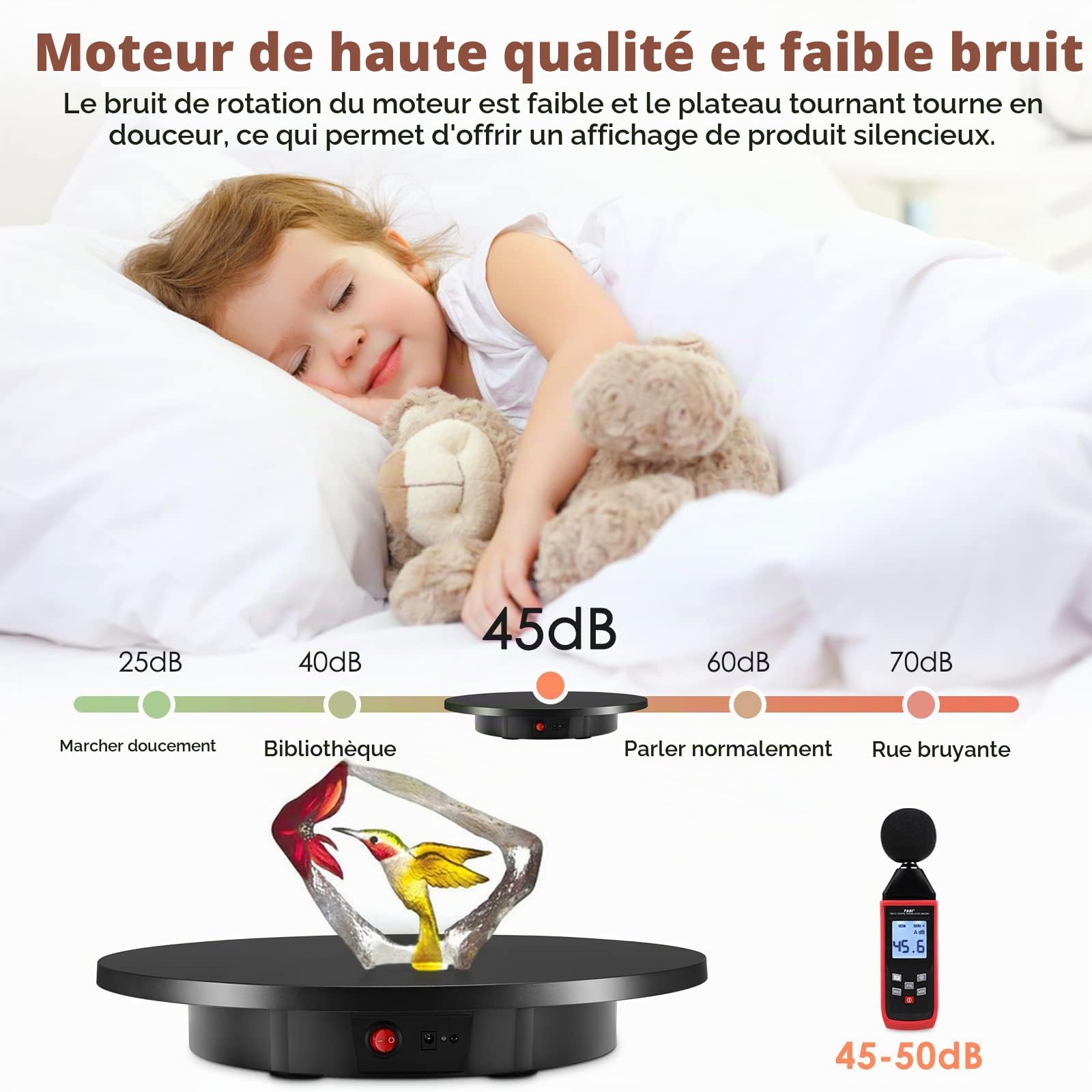 Aomdom Plateau Tournant Electrique, Table Tournante Rotative électrique Rechargeable, 360° Affichage Rotatif du Produit, Vitesse Réglable Direction, Charge 100 kg, diamètre 42 cm