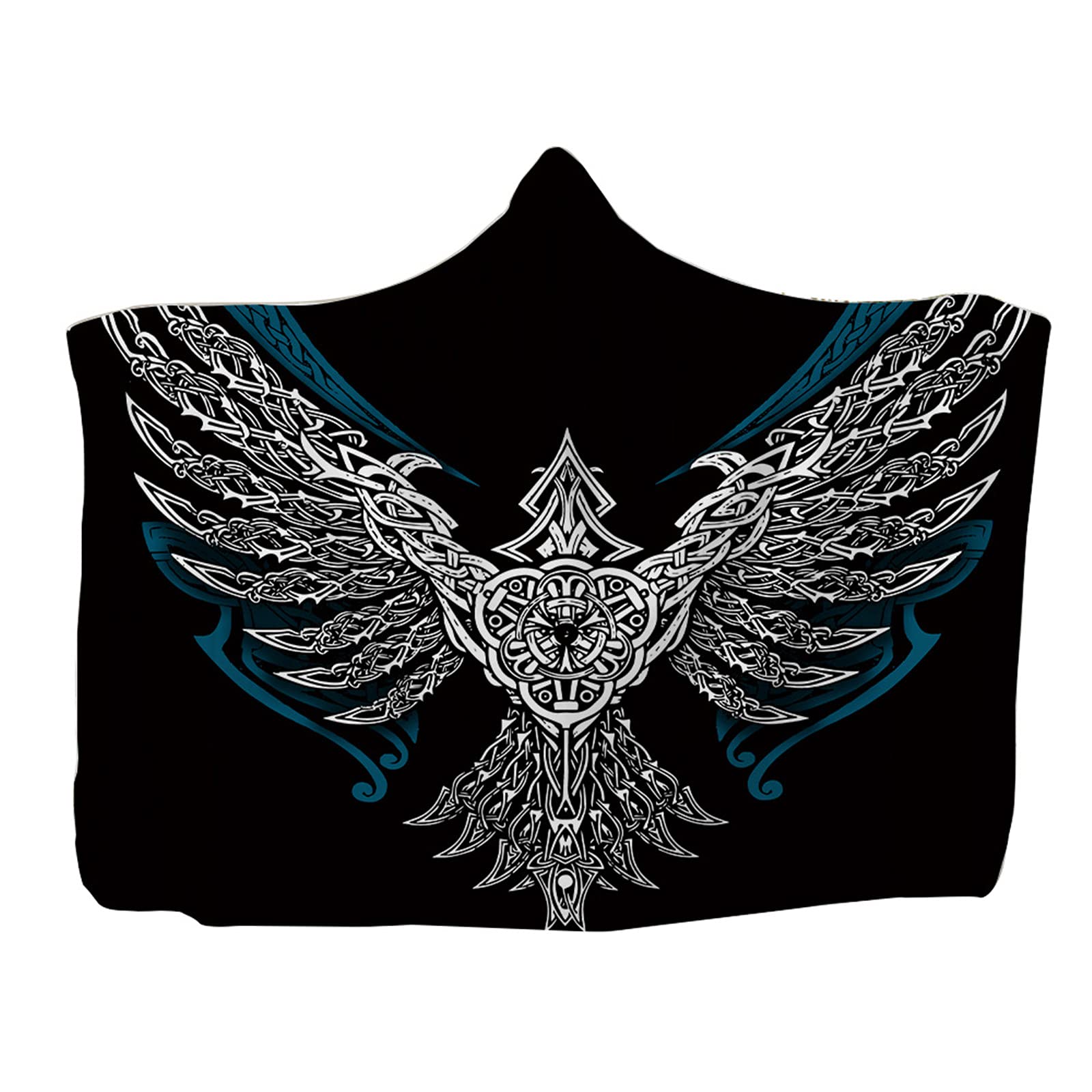 kewing Hooded Throw Blanket Wearable Viking Tattoo Print Flannel Cape Cloak Blanket for Sofa Napping Blankets Childs Adults
