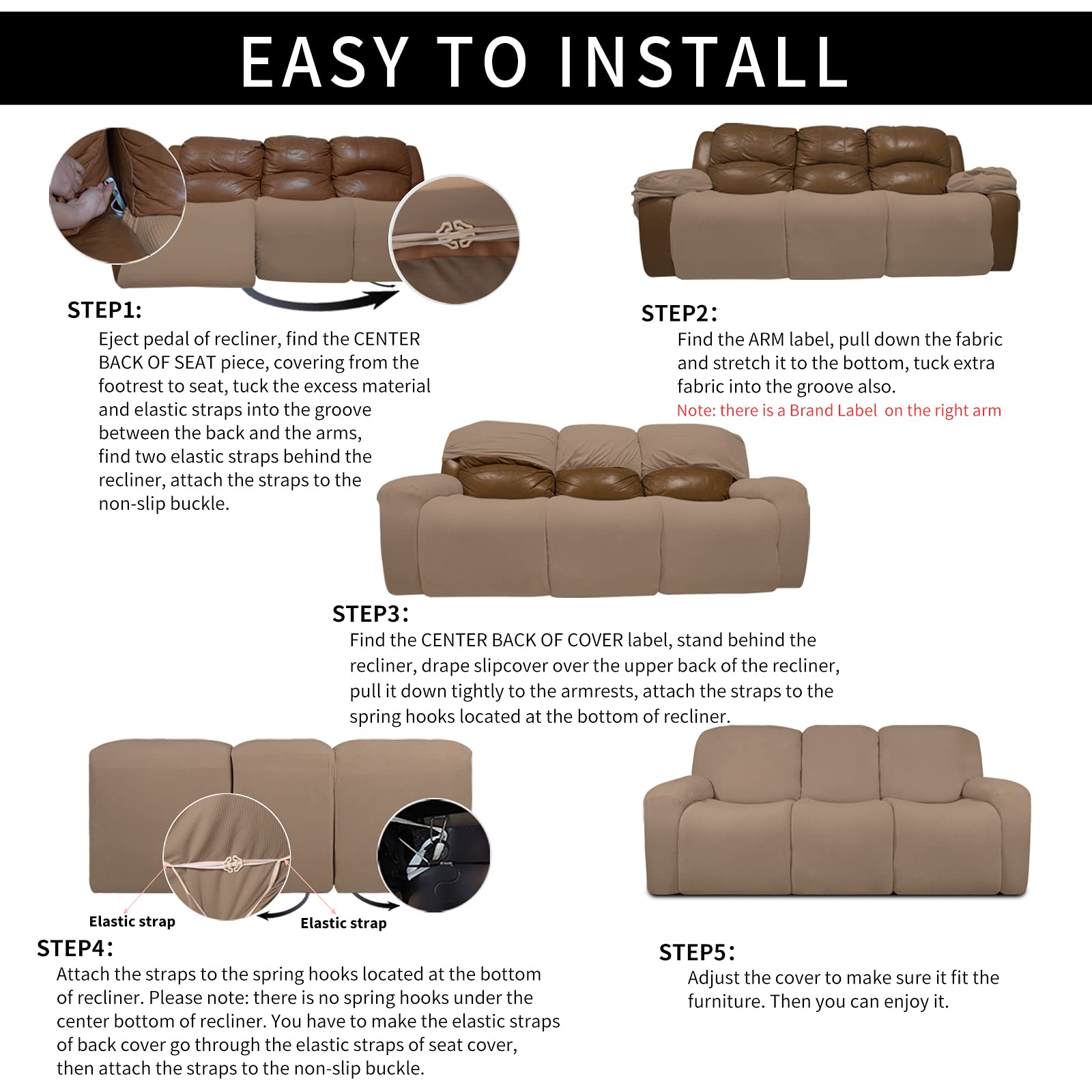 Easy-Going - Copridivano 100% impermeabile, per divano reclinabile a 3 posti, 8 pezzi, elasticizzato, con tasca, in tessuto jacquard, a prova di perdite, lavabile (per divano, color caramello)