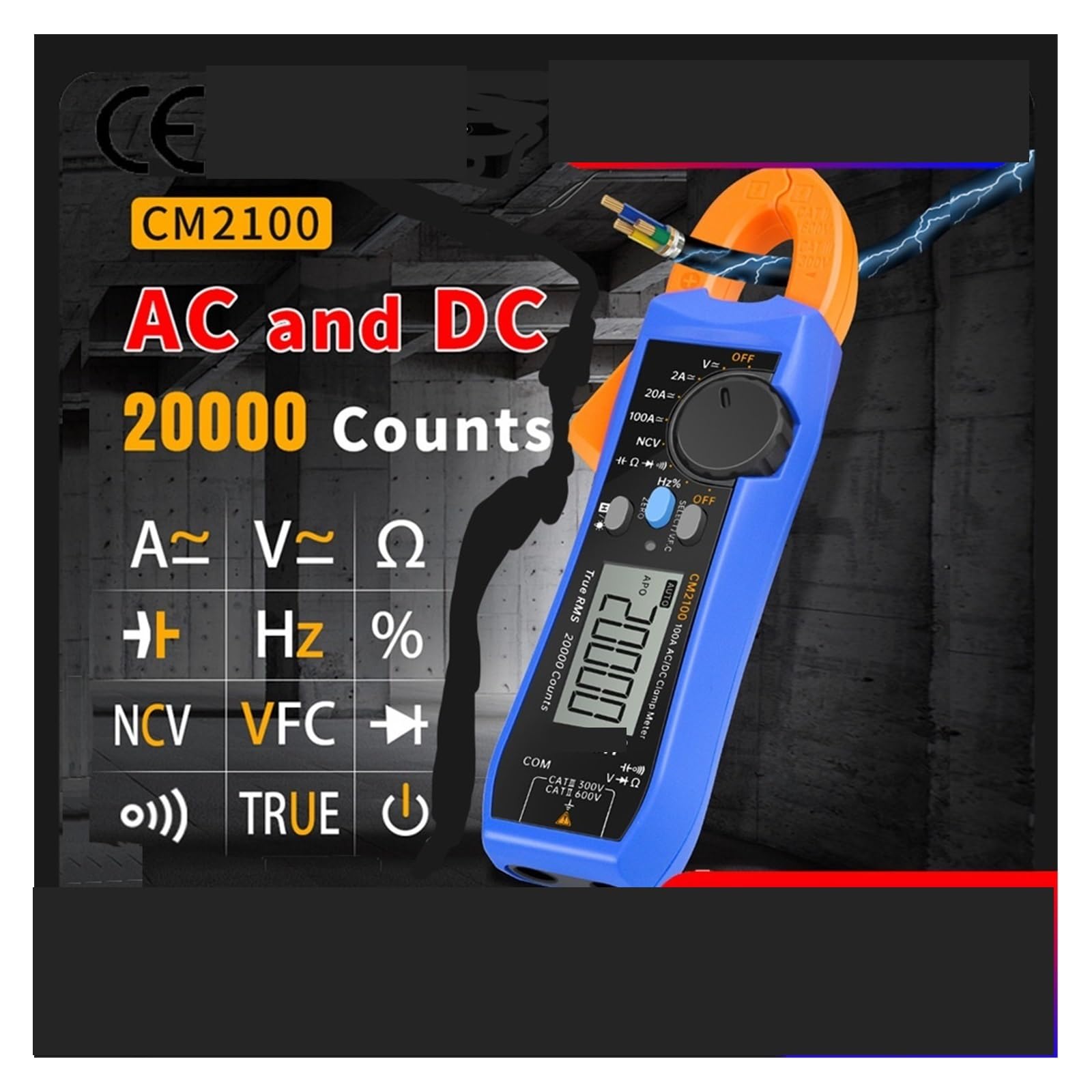 Pinza amperimétrica digital, Multímetro Digital CM2100 CM2100B Alta Precisión 20000 Recuentos AC/DC Probador De Pinza Corriente Valores Eficaces Verdaderos Diodo VFC Amperímetro Portátil(CM2100)