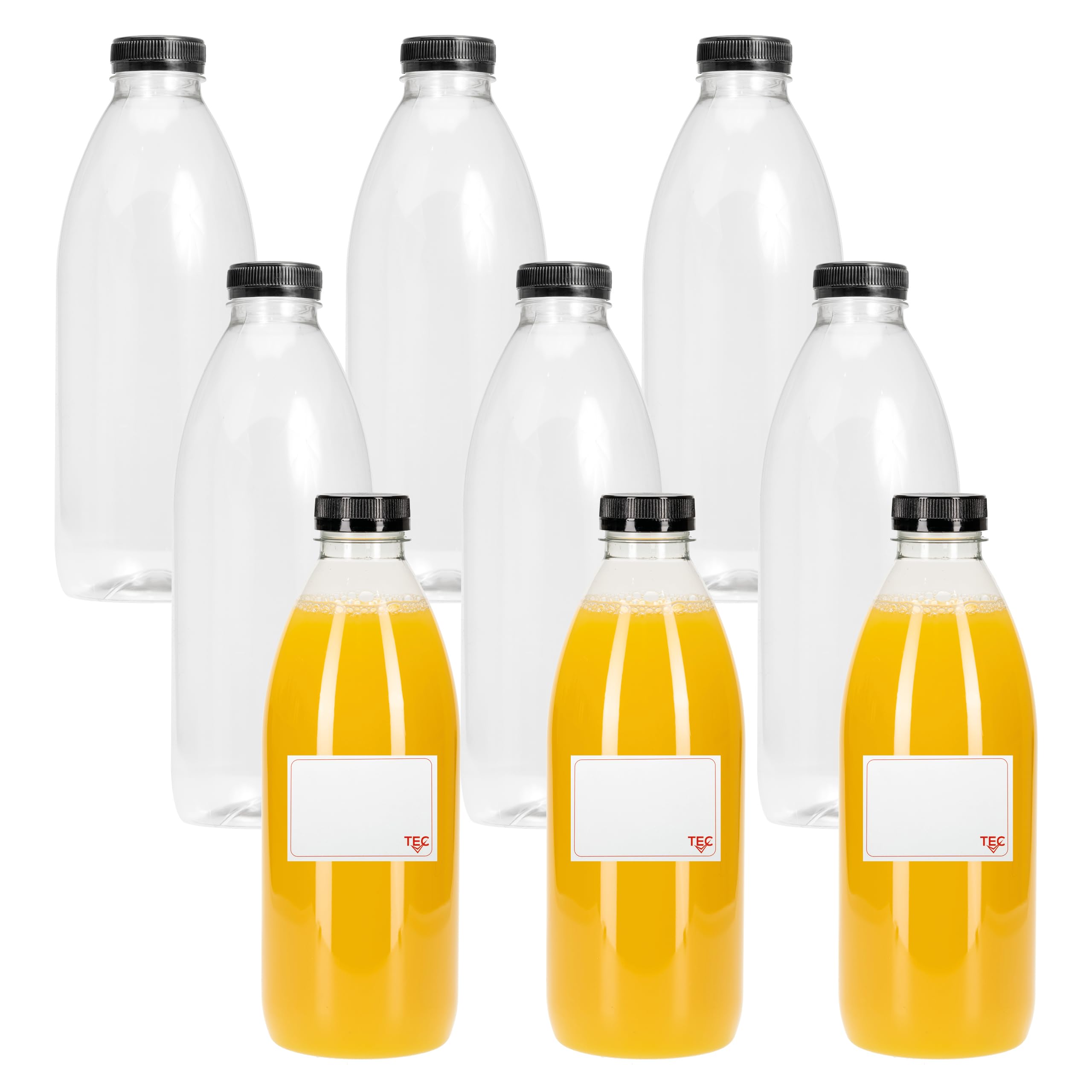 TEC Juice Bottles with Lids 1 Litre UK Made Empty 30% Recycled Clear PET Plastic Bottle Drink Reusable for Fridge Clear Water Milk Juicing Pack Multipack in Bulk Packs (48)