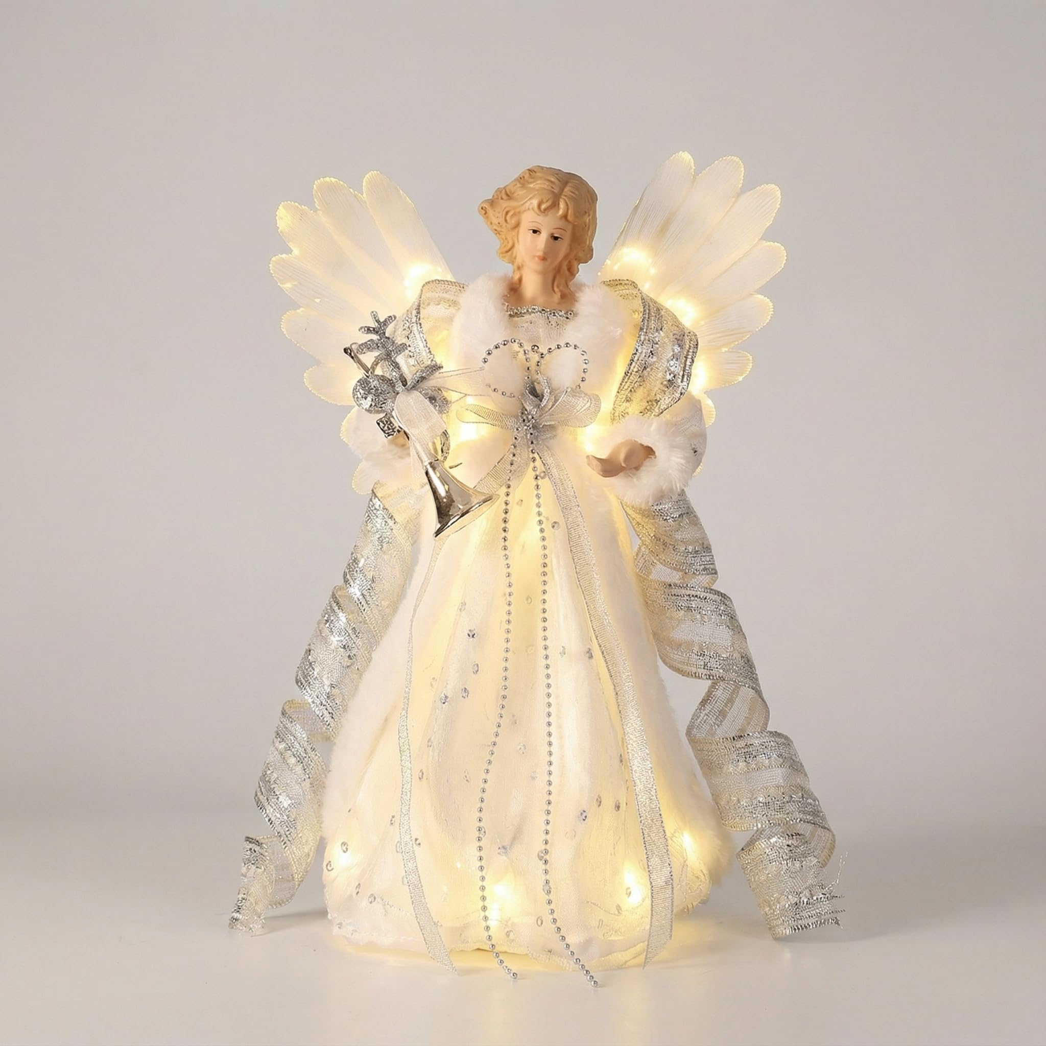 Valery Madelyn Ozdoba choinkowa z aniołem bożonarodzeniowym, srebrna i biała figurka z ciepłymi diodami LED, zasilana bateriami, do dekoracji choinki, 26 cm