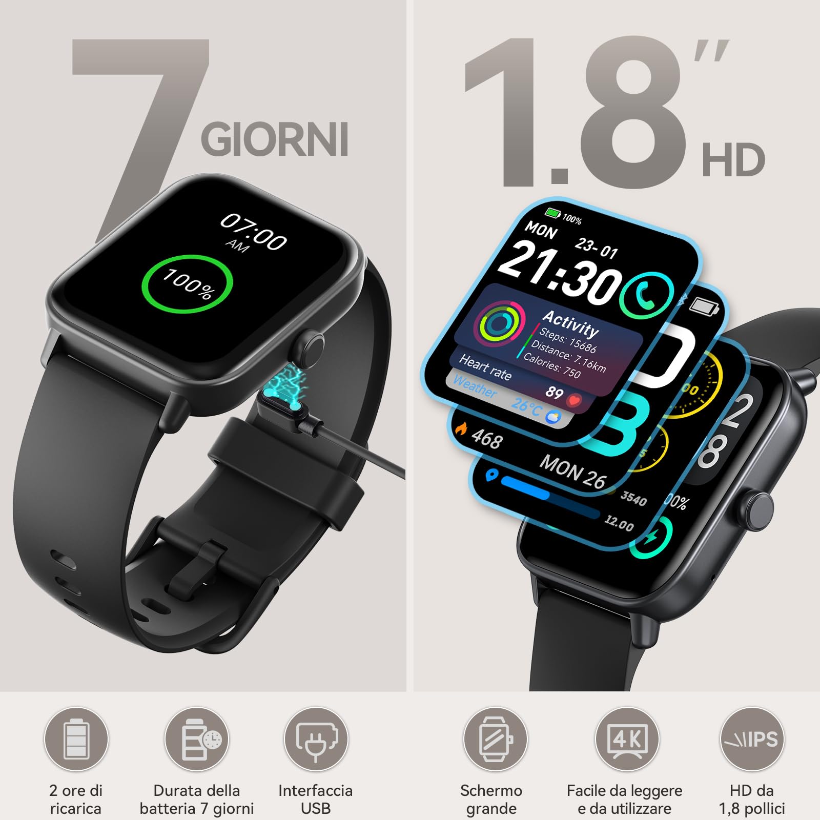 Smartwatch Uomo Donna, 1,8" Orologio Smartwatch Chiamate Risposta Vivavoce, Alexa Integrato Cardiofrequenzimetro SpO2 Sonno, Contapassi Orologio Fitness Notifiche 110 Modalità Sport per Android/iOS