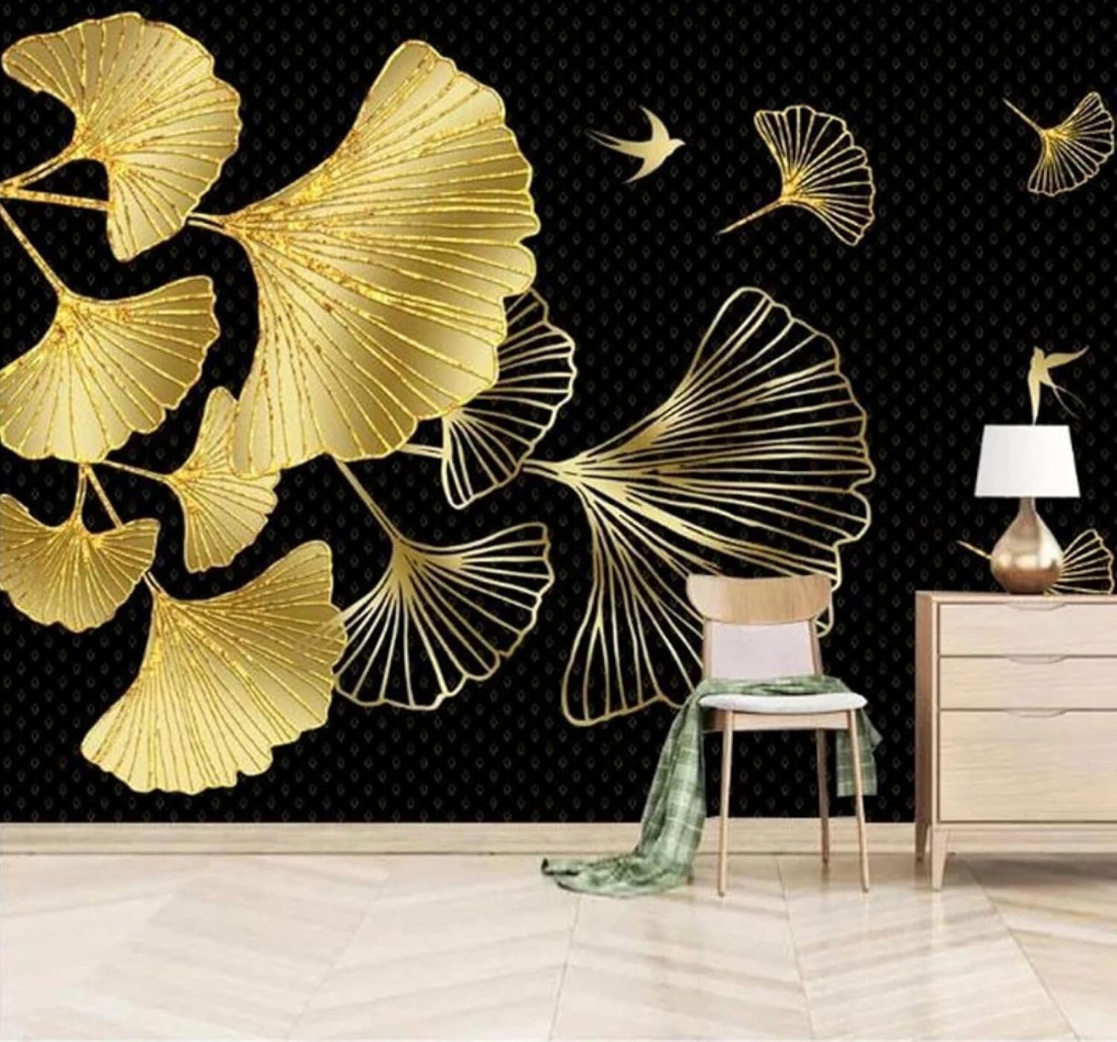 Xlming 430Cm×300Cm(B×H) Minimalist Luxury Gold Ginkgo Leaves Birds 3D Wallpaper Luxury Home Dining Decor Paste Sofa Living Room The Wall For Bedroom Mural-430Cm×300Cm