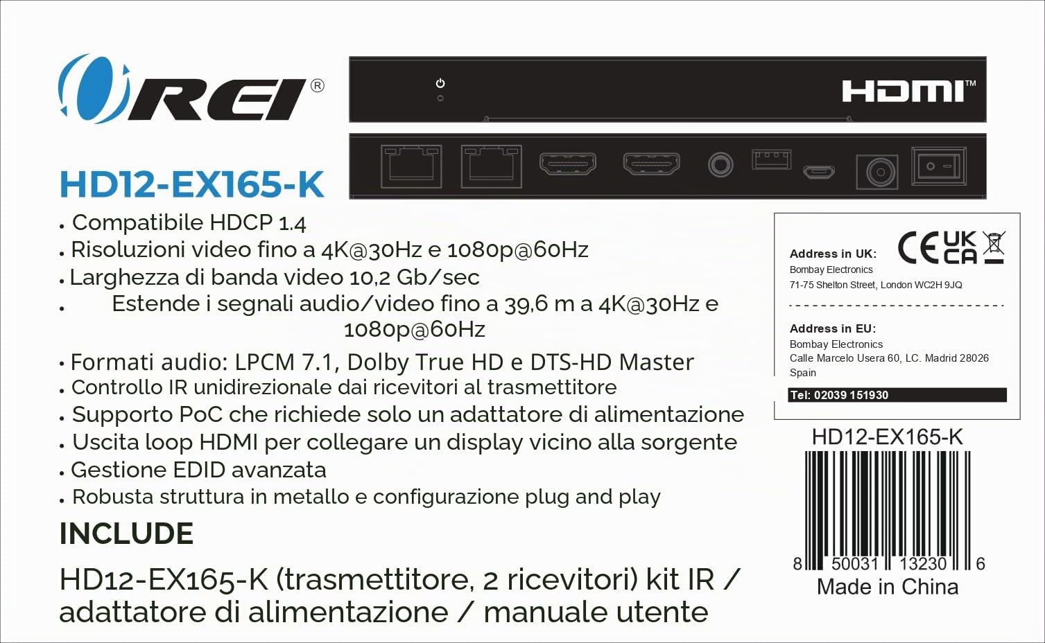 Orei 4K 1x2 HDMI over ethernet Extender Splitter su cavo Ethernet CAT6/7 4K @ 30Hz fino a 50 m - 1 ingresso 2 out, 1080p @ 60Hz fino a 70 m, PoC, controllo IR, EDID, HDMI Loop Out (HD12-EX165-K)