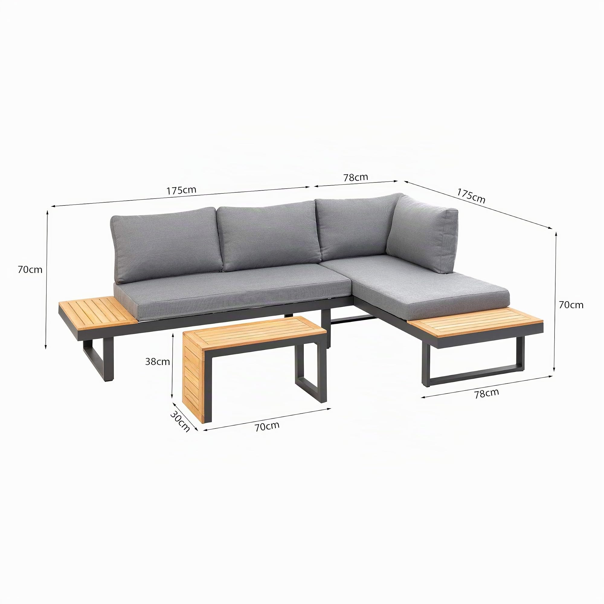 greemotion Ensemble Salon de Jardin Samara, Set de 2 Canapés et Table en Bois d’Acacia FSC® 100%, Cadre Aluminium, Coussins en Polyester Inclus, Gris/Bois