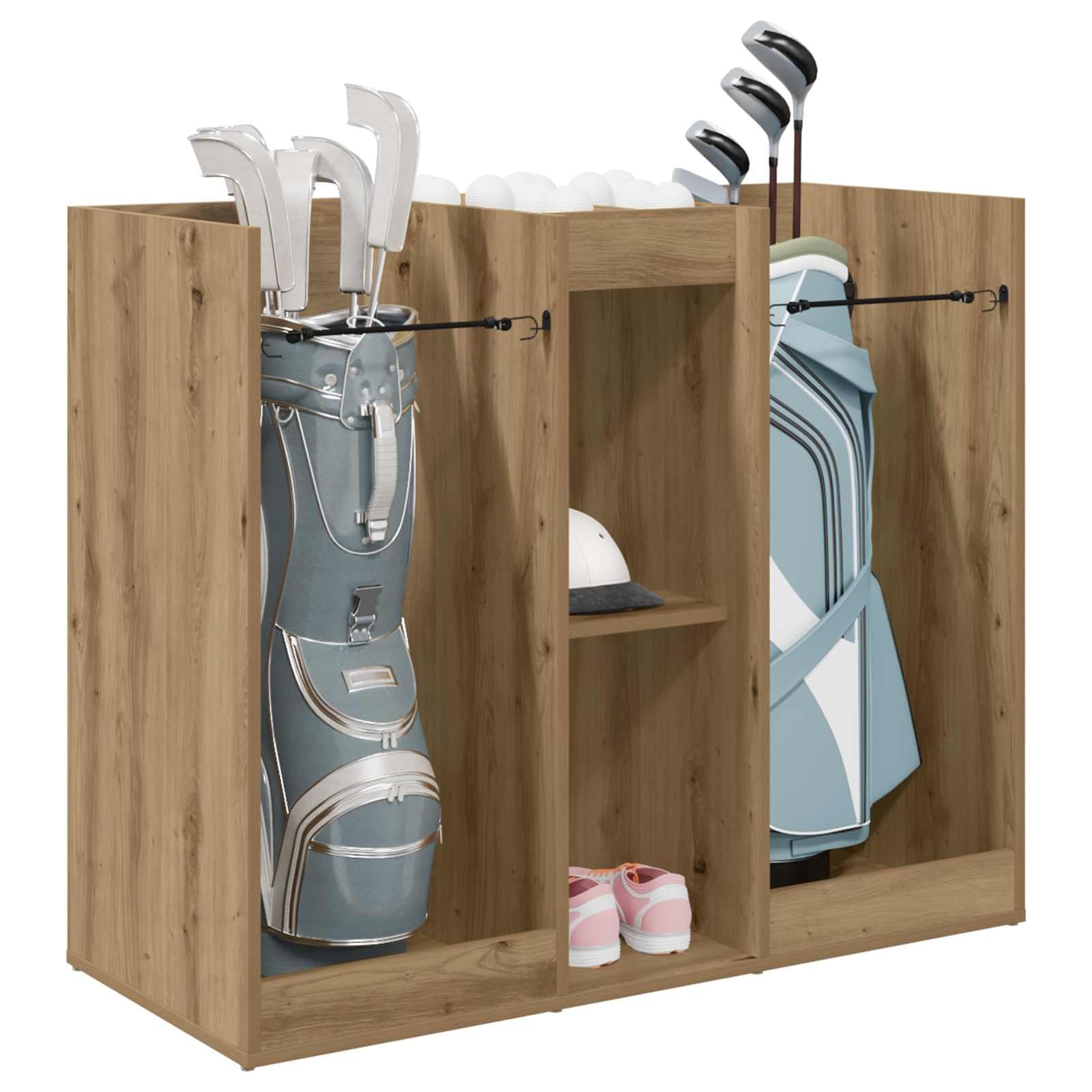 Gecheer Golf Schrank, Holz Golfschrank mit Regalen für Garage oder Haushalt, Artisan-Eiche 102 x 45 x 85,5 cm, freistehende Aufbewahrung für Golfzubehör und Utensilien