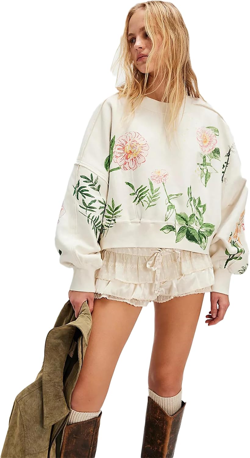 Women Floral Print Sweatshirt Casual Loose Crewneck