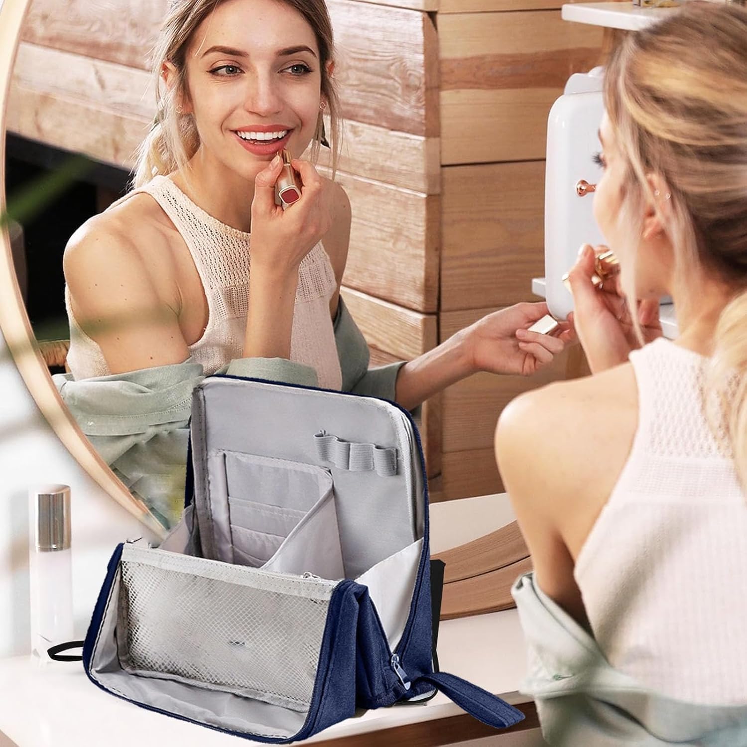 Large Capacity Standing Makeup Bag,Upright & Vertical Traveler Makeup Organizer,Waterproof Parallel Stand Up Makeup Bag with Compartments for Women & Girls (Navy Blue) - Image 5