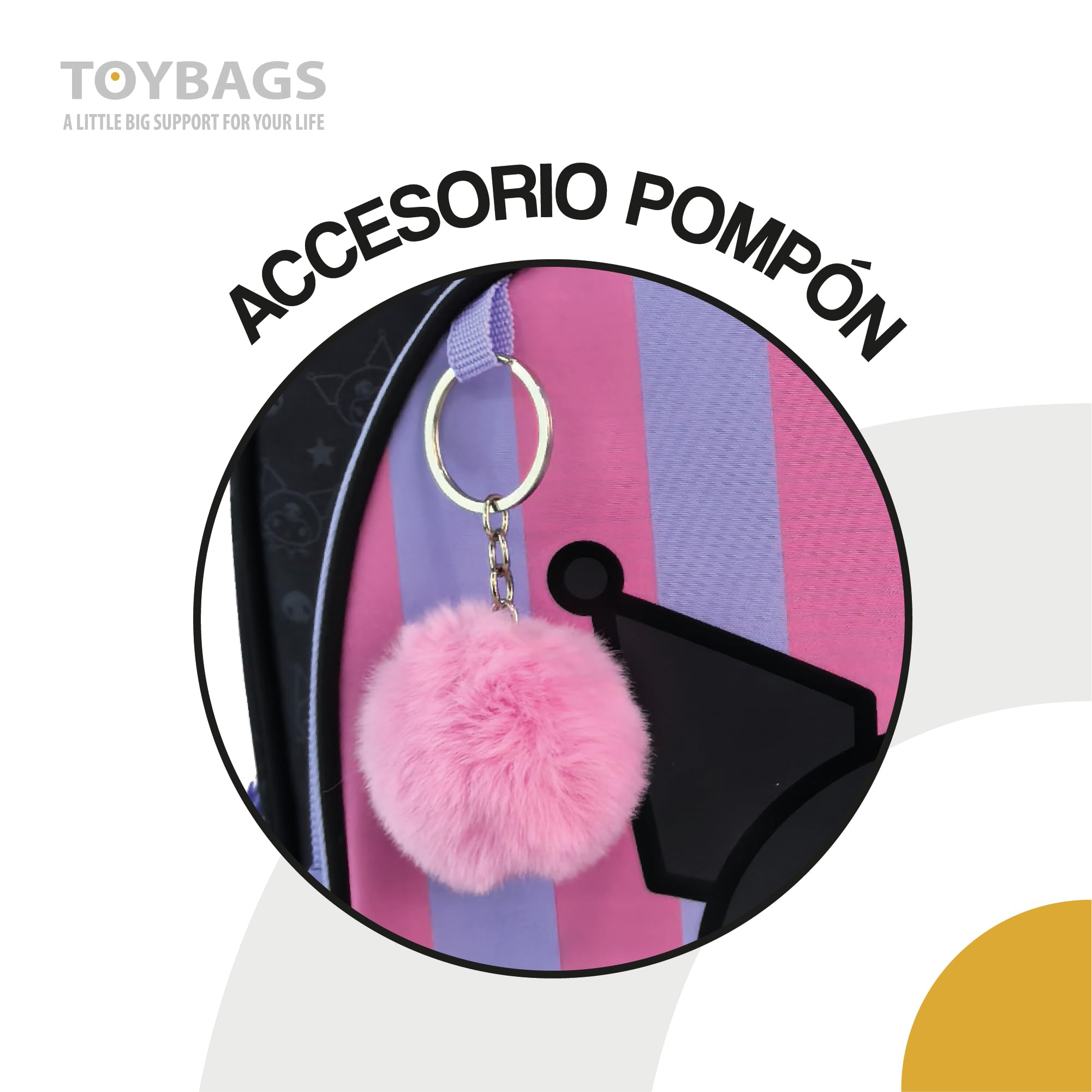 ToyBags Mochila Escolar Kuromi - Doble Compartimento - con Accesorio Pom-Pom - Adaptable + Carro Rosa Proteccion Lateral Y STOPER Frontal Anti CAIDA 4 Ruedas giratorias - 44 X 30 X 20 CM