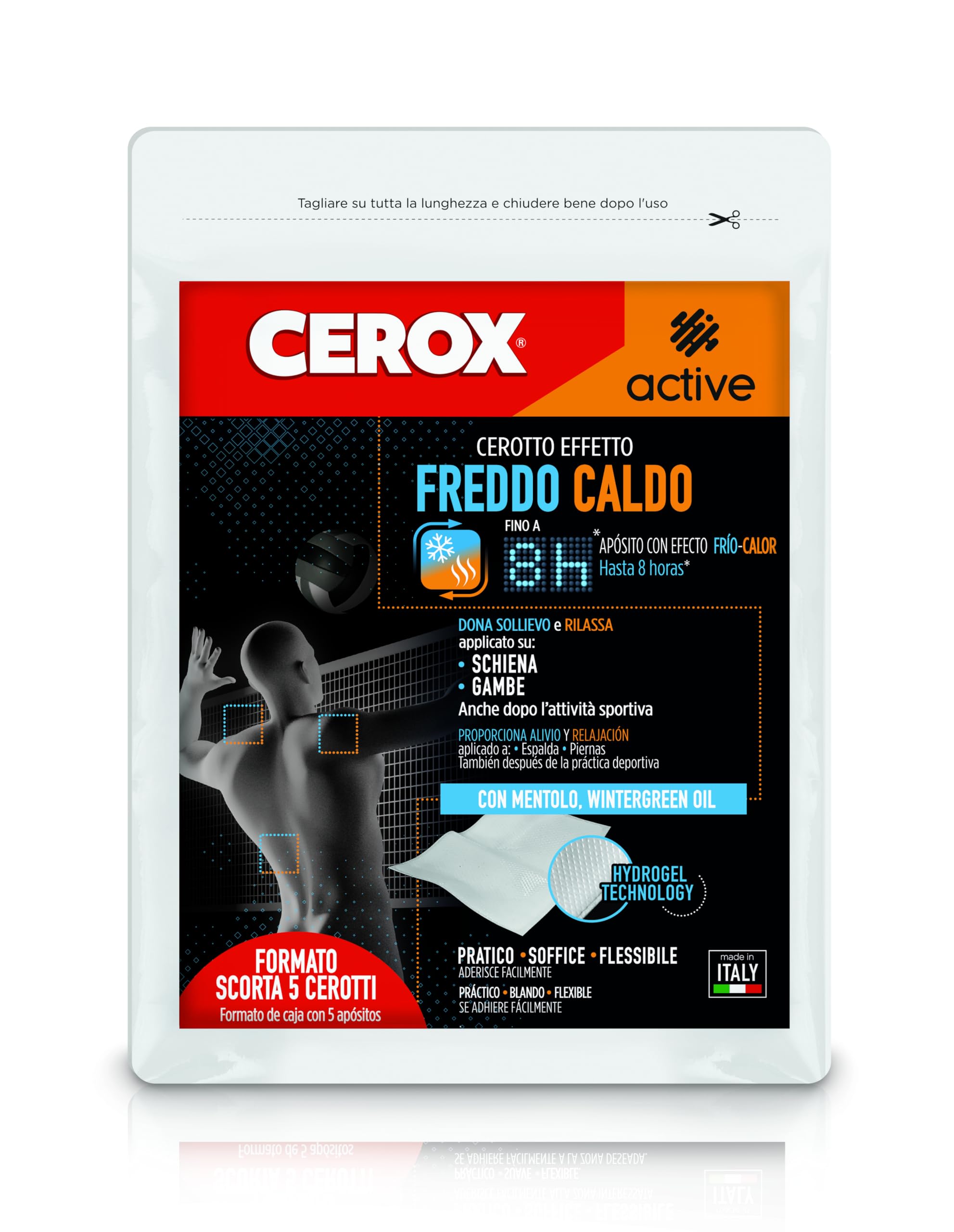 Cerox ACTIVE, Cerotto Effetto Freddo-​Caldo, Protegge da Dolori Reumatici e Muscolari, con Mentolo, 1 Busta Richiudibile da 5 Cerotti