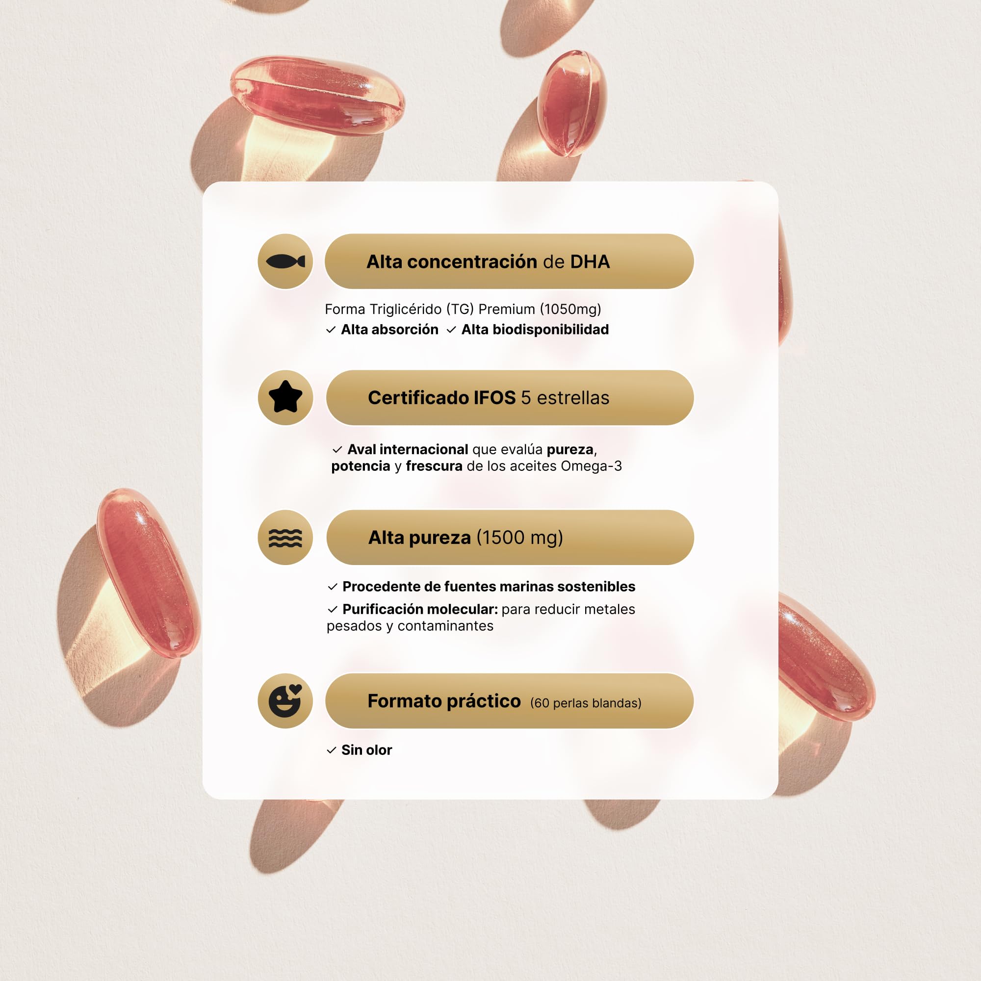 Essentials DHA 1000 TG PREMIUM, Aceite de Pescado TG Ultrapuro y Altamente Concentrado 1500mg, DHA 1050mg, IFOS 5 Estrellas, Perlas Blandas sin Olor ni Regusto a Pescado, 60 Unidades