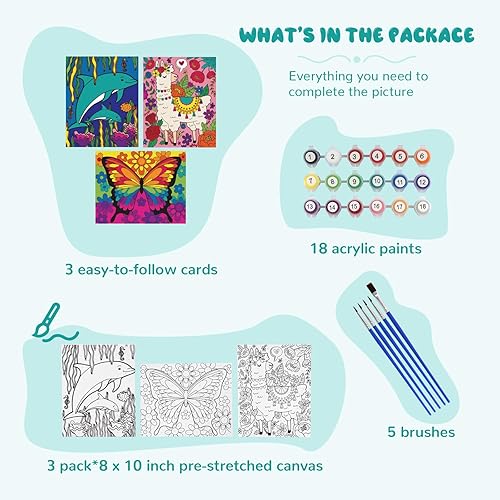 Miniatura 2 de goldentime Paquete de 3 pinturas por números para niños, pintura en lienzo predibujada, incluye lienzo enmarcado de 8 x 10 pulgadas con 18 pinturas