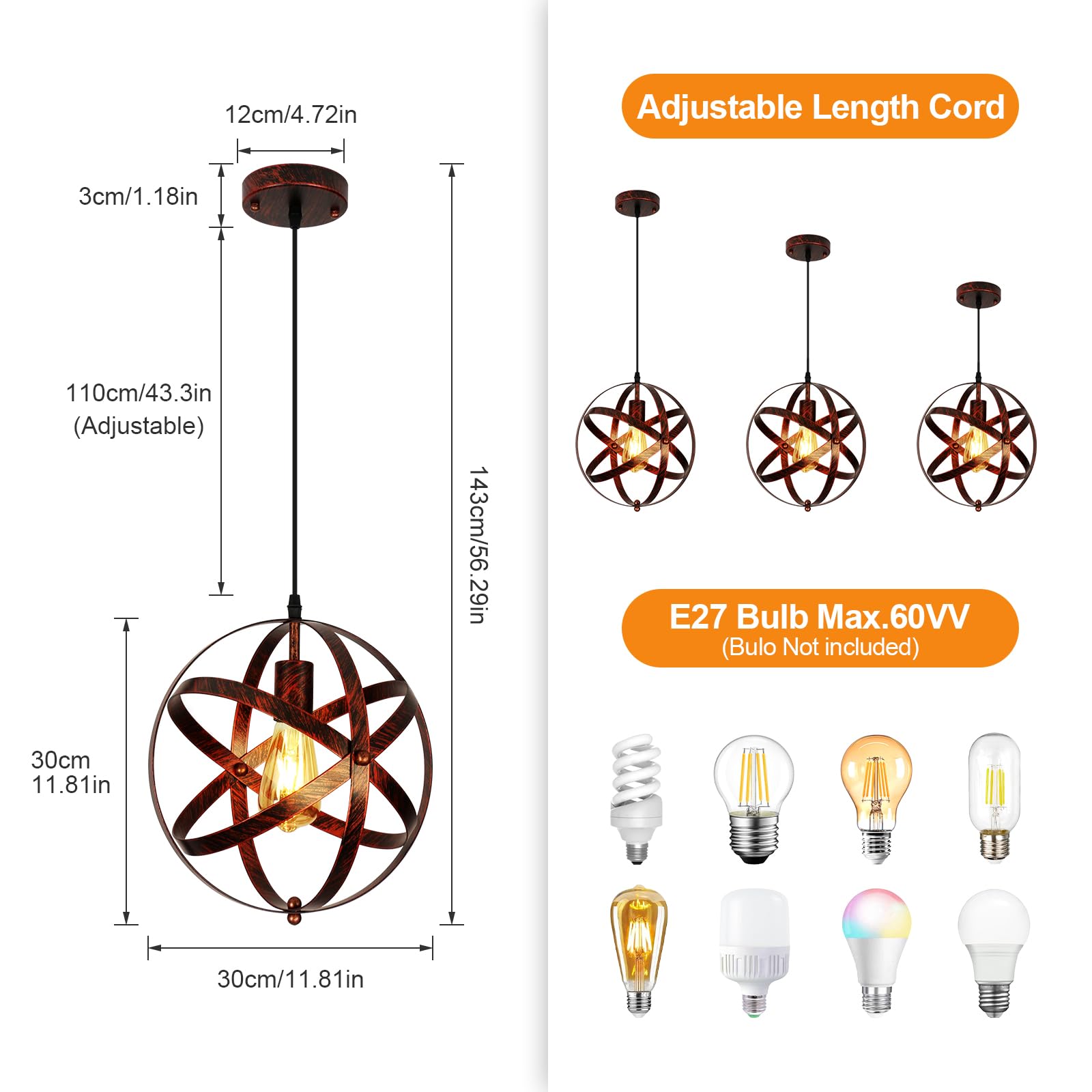 Comely Lampada a Sospensione Vintage, Plafoniera E27 Industriale Cavo Regolabile, Lampadario LED Sospensione Moderno per Sala da Pranzo, Cucina, Soggiorno, Bar, Camera da Letto, 30 cm