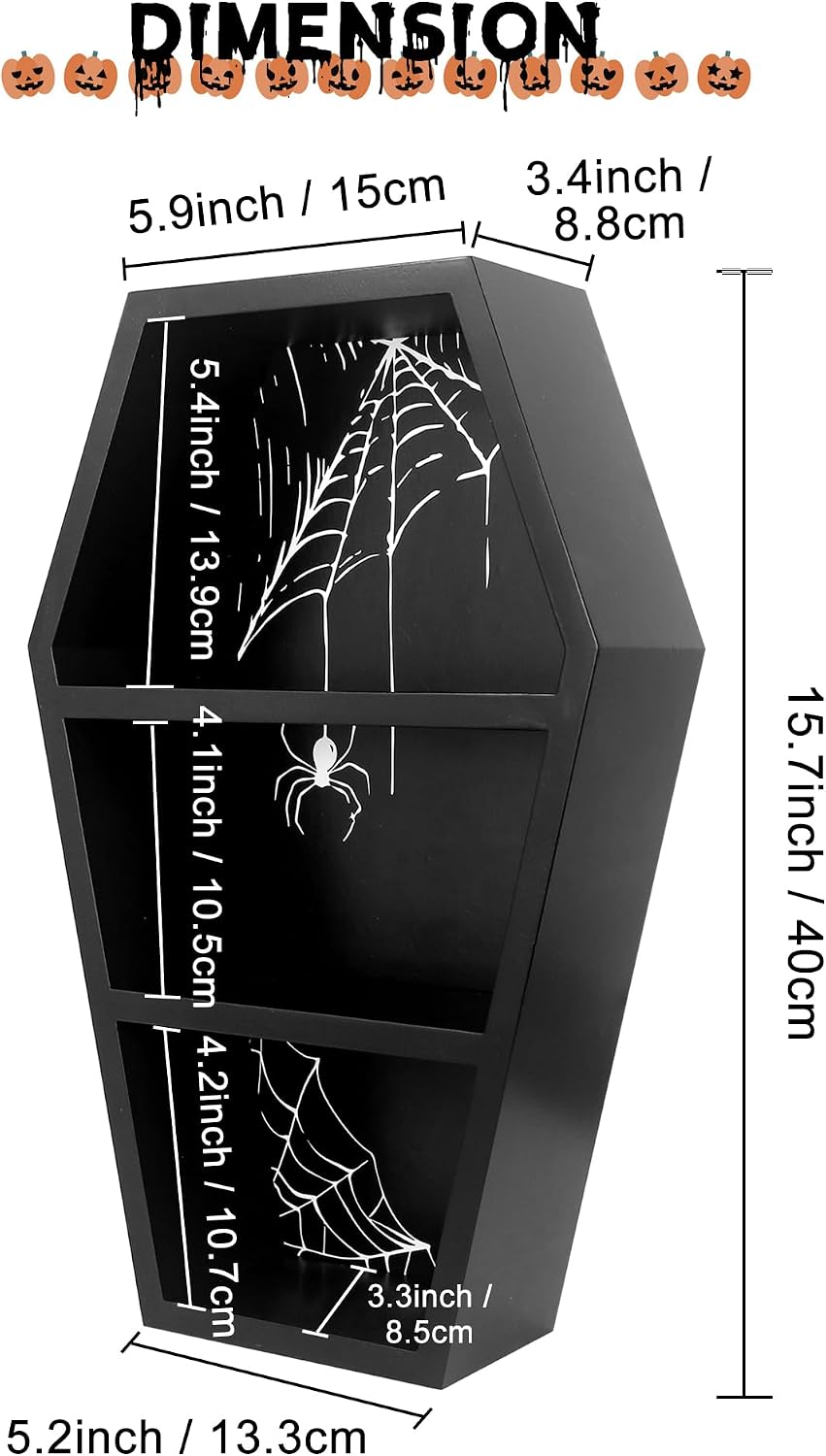 FramePro Coffin Shelf Shadow Box Spooky Wooden Goth Decor Black Hanging Shelf for Halloween with 3 Style Backboard