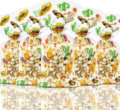 Boerni 100 bolsas de dulces mexicanas para el Cinco de Mayo, bolsas de celofán de plástico, sombrero, cactus, guitarra, pimienta, burro, maracas,