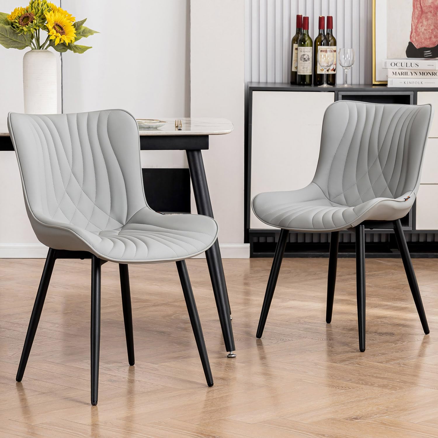 Kidol & Shellder Dining Chairs Set of 2, Modern PU Leather Kitchen Chairs for Dining Room, Uplostered Lounge Leisure Chair with Backrest Metal Legs for Living Room, Bean Green — view 13