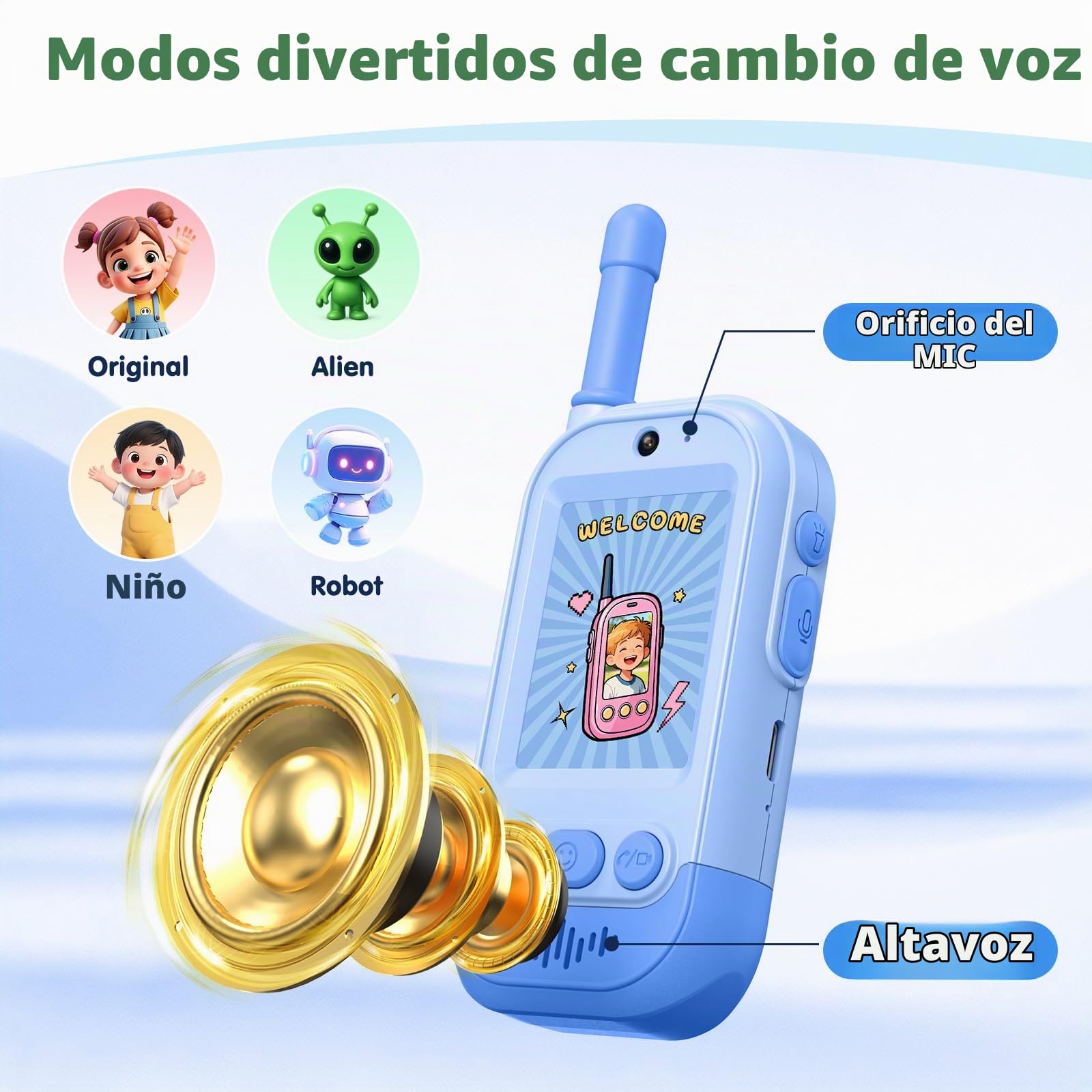 Video Walkie Talkie Niños(Set de 2), Gofunly Walkie Talkie Recargable con Videollamada, Largo Alcance, Cambiador de Voz, Regalos de Cumpleaños Juguete para Niños y Niñas de 3 a 12 Años - Verde+Azul