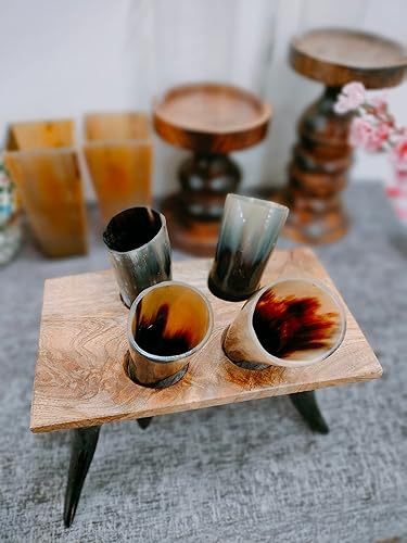 Miniatura 8 de Cuerno vikingo ceremonial antiguo juego de 4 copas de Mead Ale con soporte de madera, cáliz de vaso de cerveza antigua