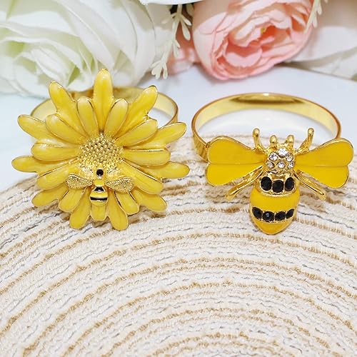 Miniatura 3 de Davifina Juego de 12 servilleteros de girasol, servilleteros de abeja dorada, servilleteros de flores de metal, servilleteros de abeja de otoño para