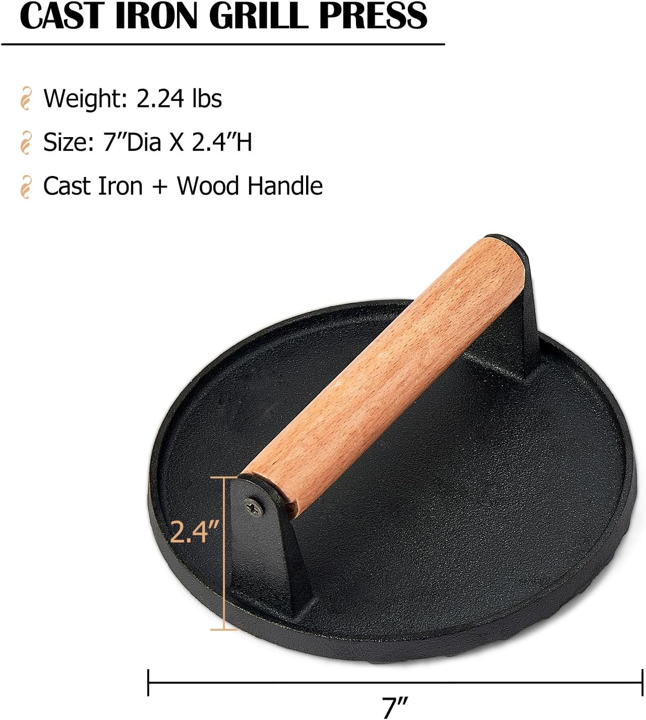 Joyfair Smash Burger Press for Griddle (7 Inch), Cast Iron Hamburger Smasher, Flattop Grill Presses Accessories Tool for Bacon, Patty, Meat, Steak, Sandwich, Heavy Duty & Dishwasher Safe