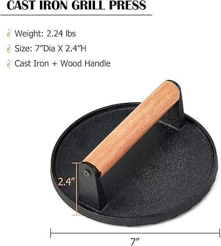 Miniatura 2 de Joyfair Prensa de hamburguesas de 7 pulgadas, herramienta trituradora de hamburguesas de hierro fundido para plancha plana, accesorios para tocino,