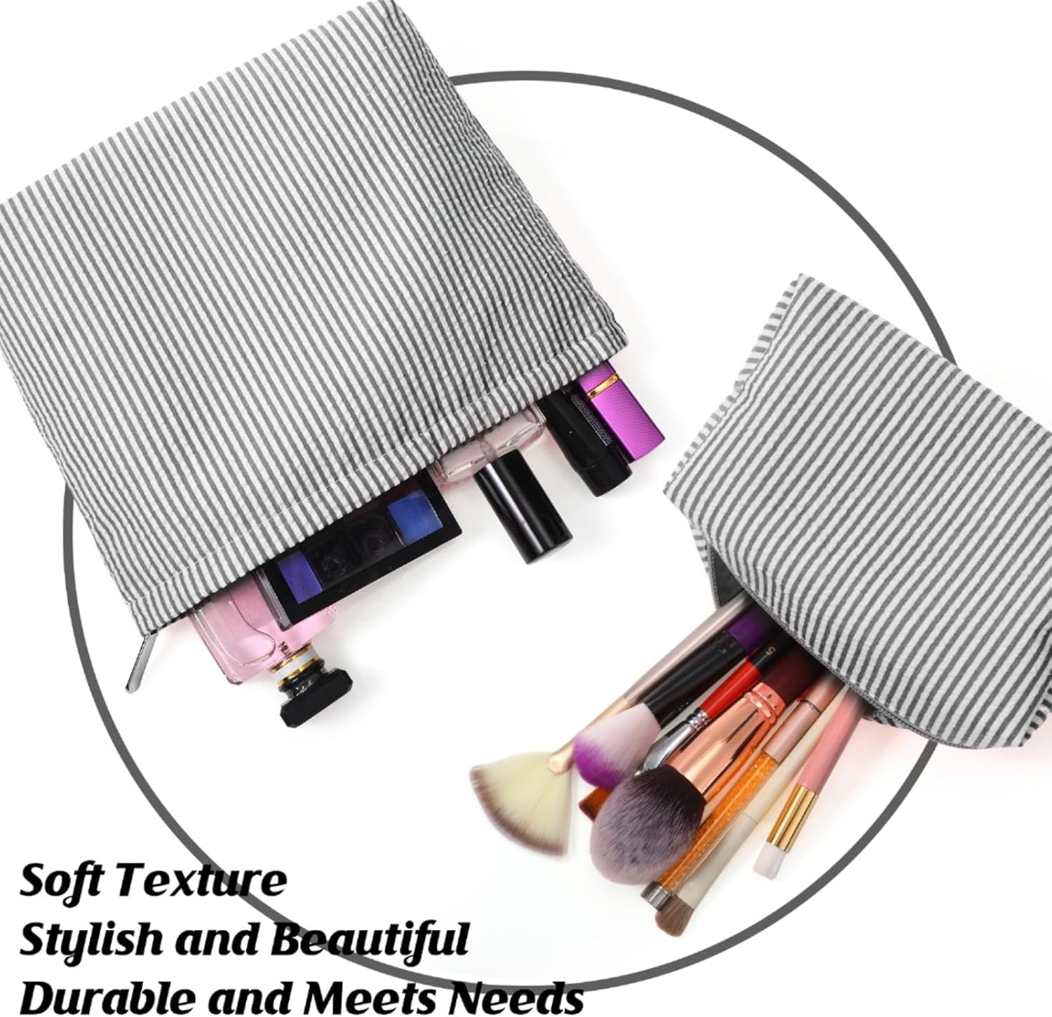 2 Pcs Makeup Bag Set Cute Cosmetic Pouch for Women Seersucker Travel Toiletry Bag Preppy Small Makeup Purse Pouch Aesthetic Skincare Brushes Storage Organizer for Valentine Women(Black) - Image 4