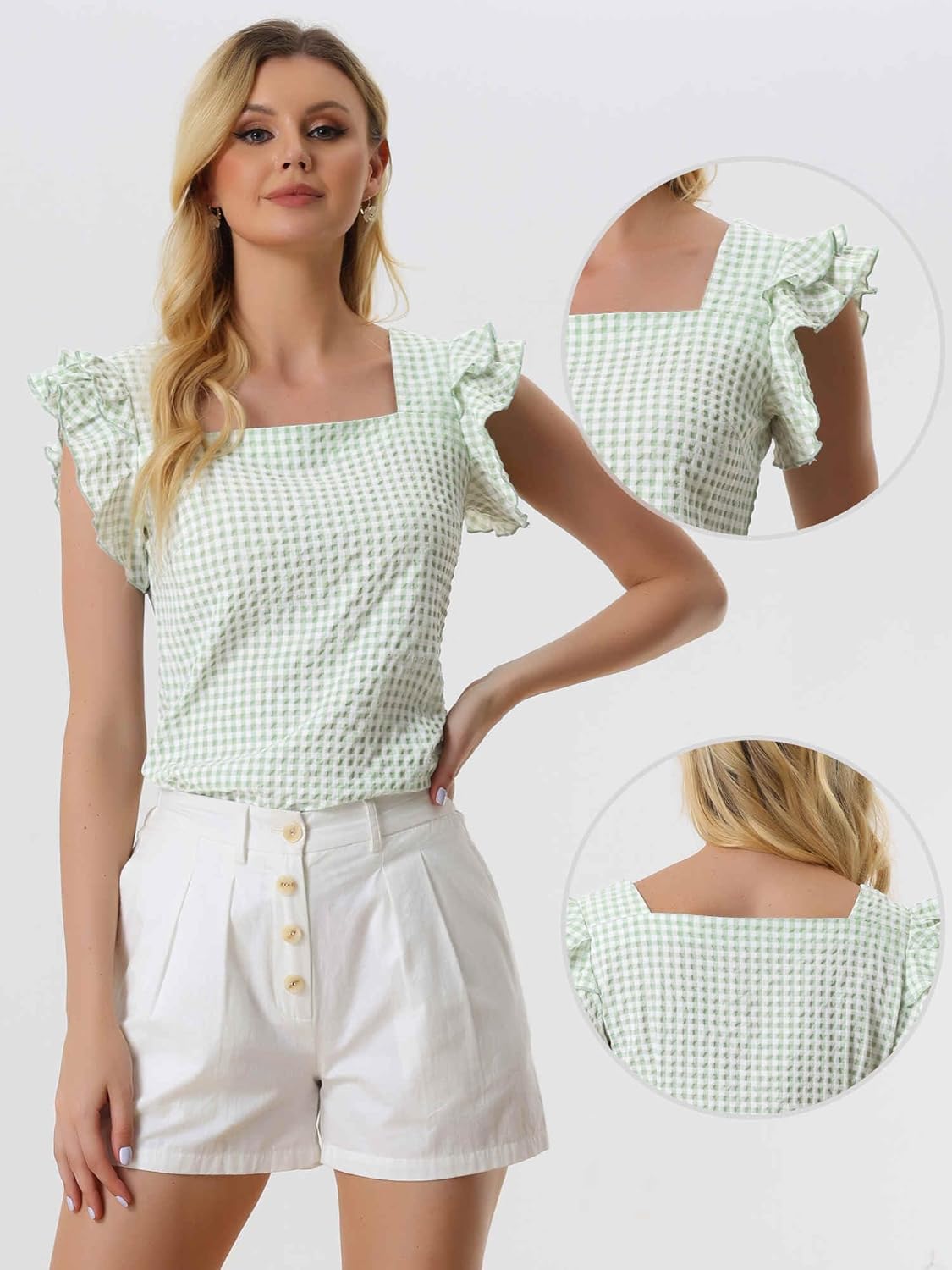 Allegra K Gingham Tops for Women Summer Ruffle Cap Sleeve Square Neck Plaid Blouses Shirt Summer Outfits - Image 4