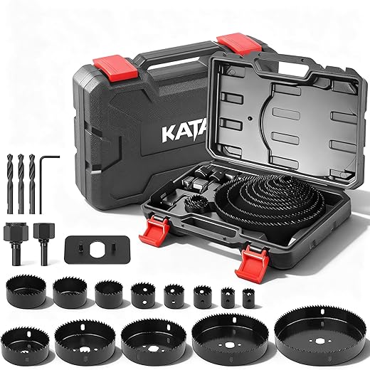 KATA Hole Saw Set 20PCS Hole Saw Kit with 3/4"-6"(19-152mm) 13PCS Saw Blades, 2 Mandrels, 3 Drill Bits, 1 Installation Plate, 1 Hex Key, Ideal for Soft Wood, Plywood, Drywall, PVC