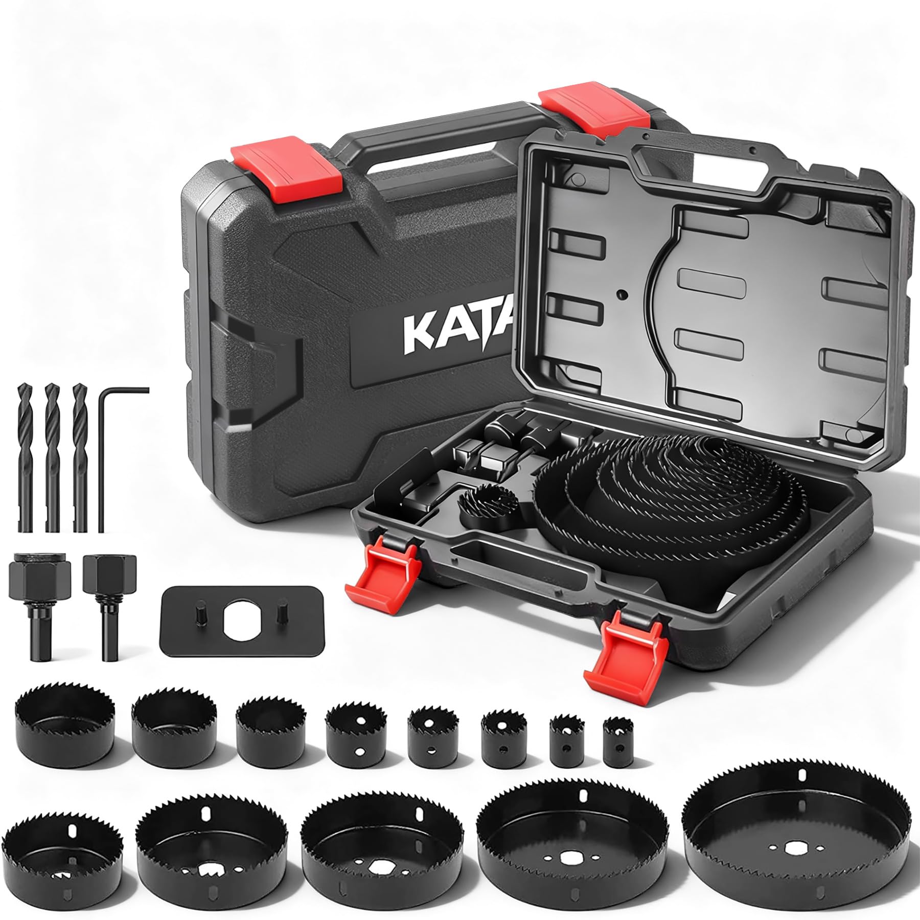 KATA Hole Saw Set 20 PCS Hole Saw Kit with 3/4"-6"(19-152mm) 13PCS Saw Blades,2 Mandrels,3 Drill Bits,1 Installation Plate,1 Hex Key,Ideal for Soft Wood,Plywood,Drywall,PVC
