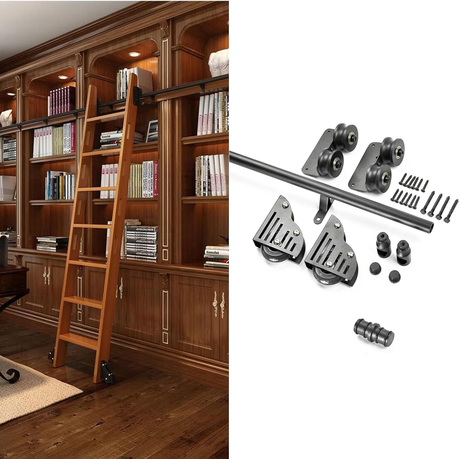 Black Steel Rolling Library Ladder Hardware Home Office Library Barn Style Sliding Track Kit,Floor Roller with Brake,9.8ft/300cm Track kit