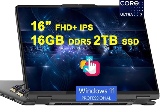 Lenovo Yoga 7 16 2-in-1 AI PC Laptop | 16" FHD+ IPS Touch Glossy | Intel 12-core Ultra 7 155U | 16GB DDR5 2TB SSD | Backlit Fingerprint Thunderbolt4 Win11Pro w/DLCA Accessory