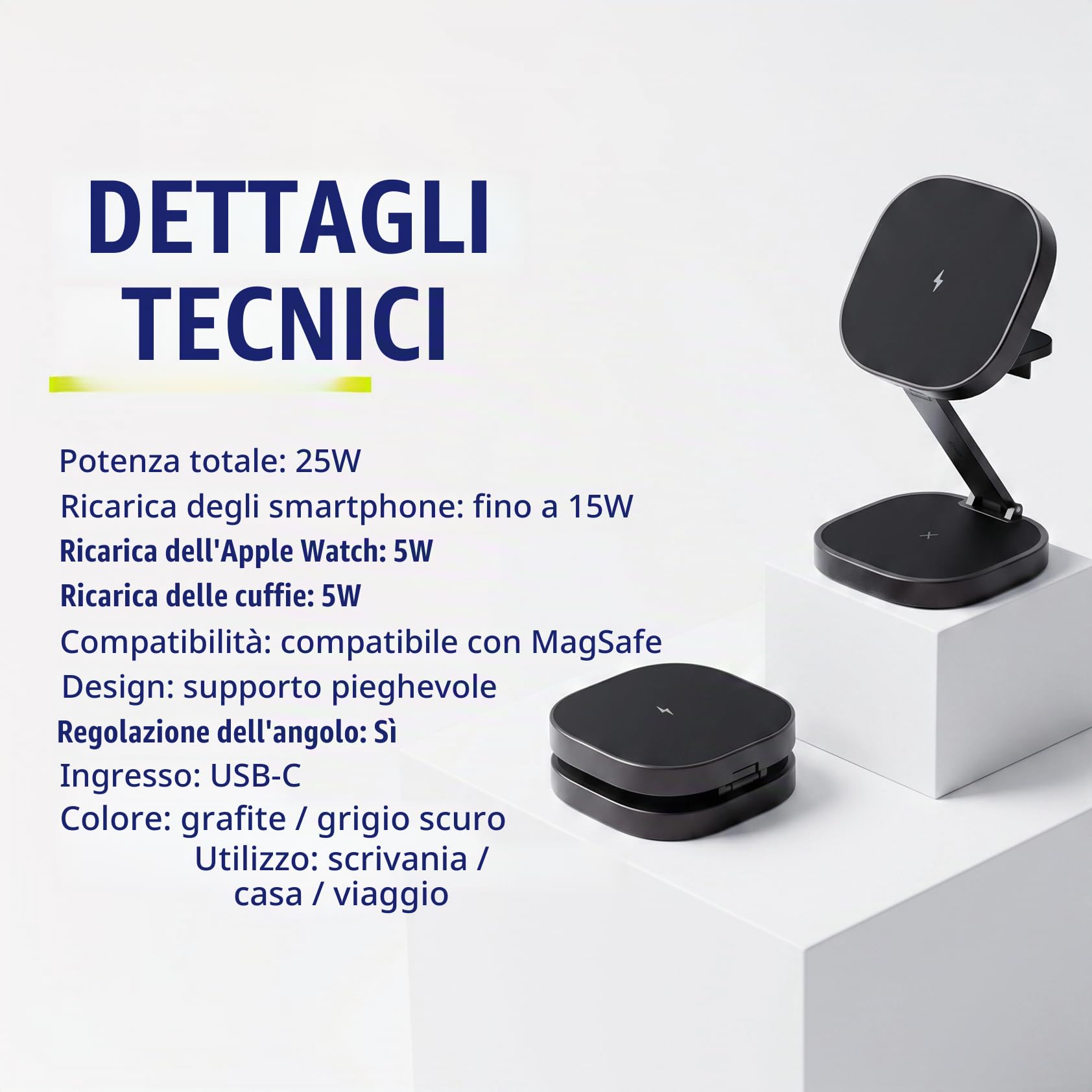 Caricabatterie 3 in 1 da 25 W, stazione di ricarica wireless pieghevole per iPhone, Apple Watch e AirPods, mini supporto di ricarica wireless con LED e USB-C, compatibile con Qi e MagSafe