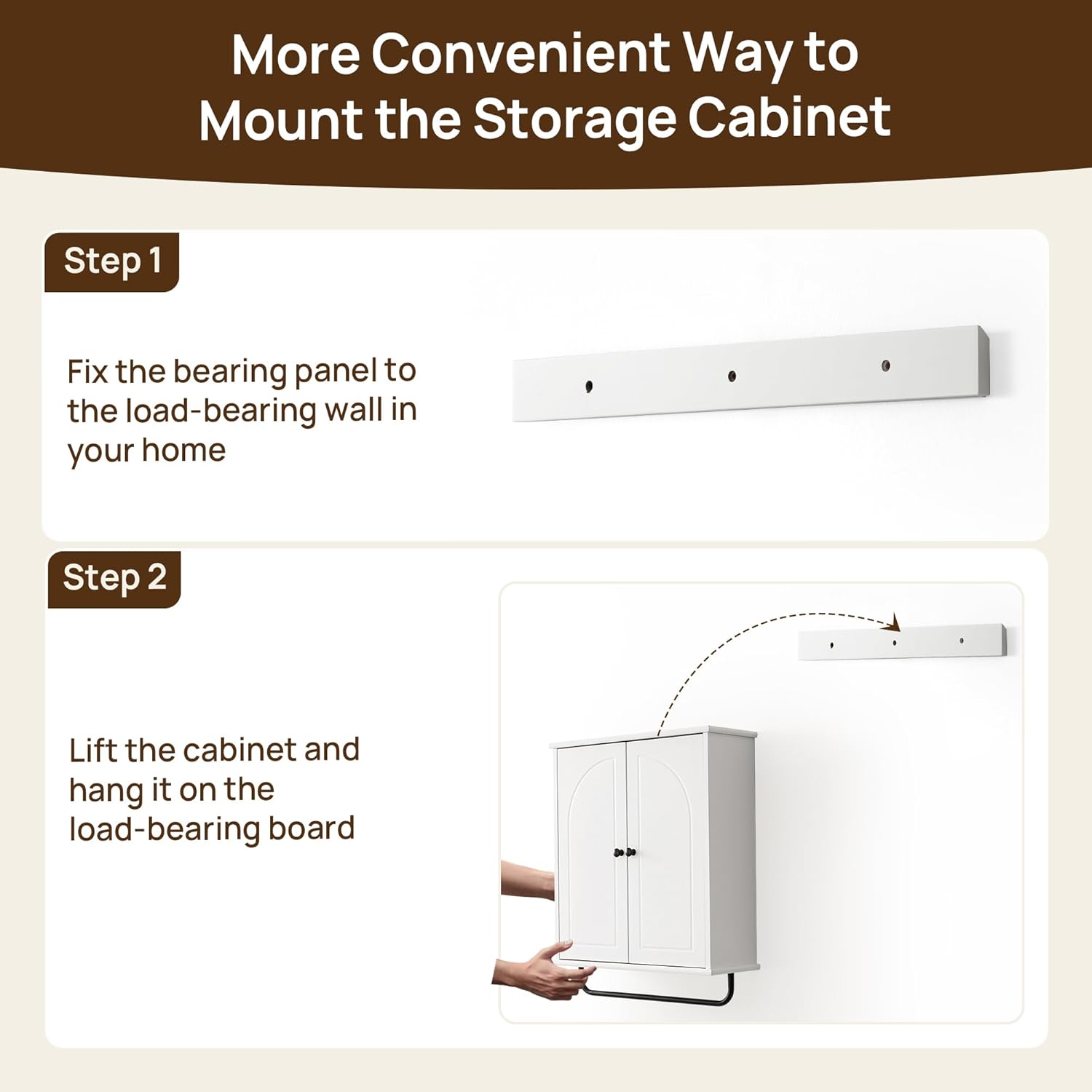 Bathroom Storage Cabinet with Adjustable Wood Shelves, Unique Arched Groove Design On The Door, Wall Mounted with Towels Bar, Over The Toilet Storage Cabinet with DTC Silent Buffering Hinge