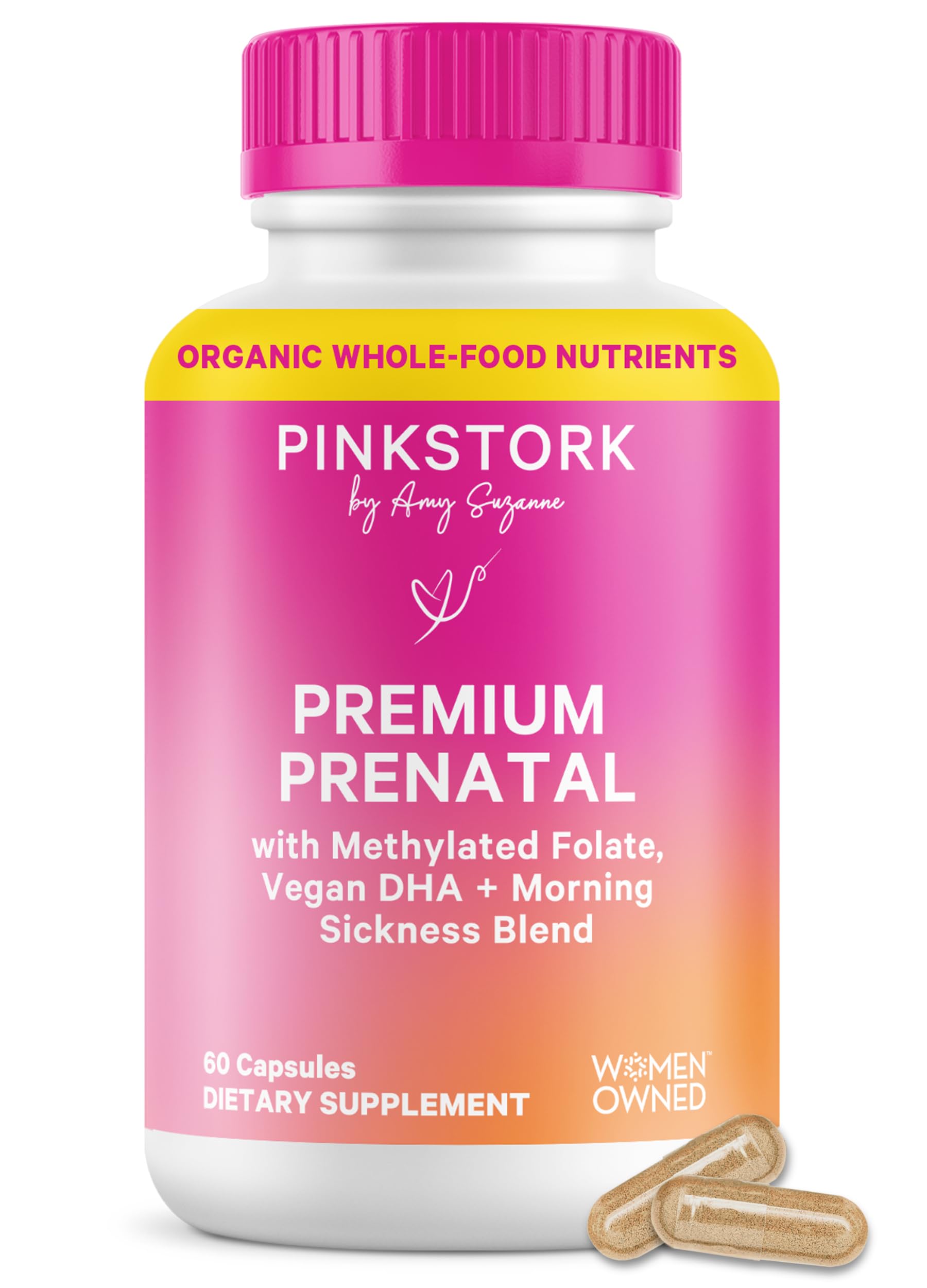 Pink Stork Premium Prenatal Vitamins for Women | Methylated Folate, Choline, Iron, Vegan DHA | Doctor-Formulated Prenatal Vitamin | Organic Whole-Foods & Probiotic | Gentle on Stomach, 60 Count