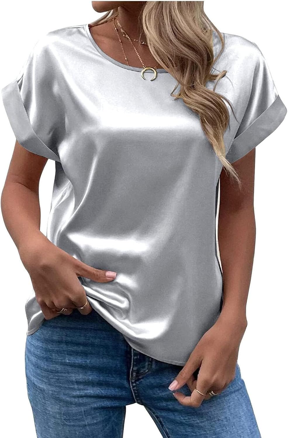 FMCHICO Women's Short Sleeve Satin Blouses Casual Loose Crewneck Silk Shirts Roll Up Sleeve Tunic Tops
