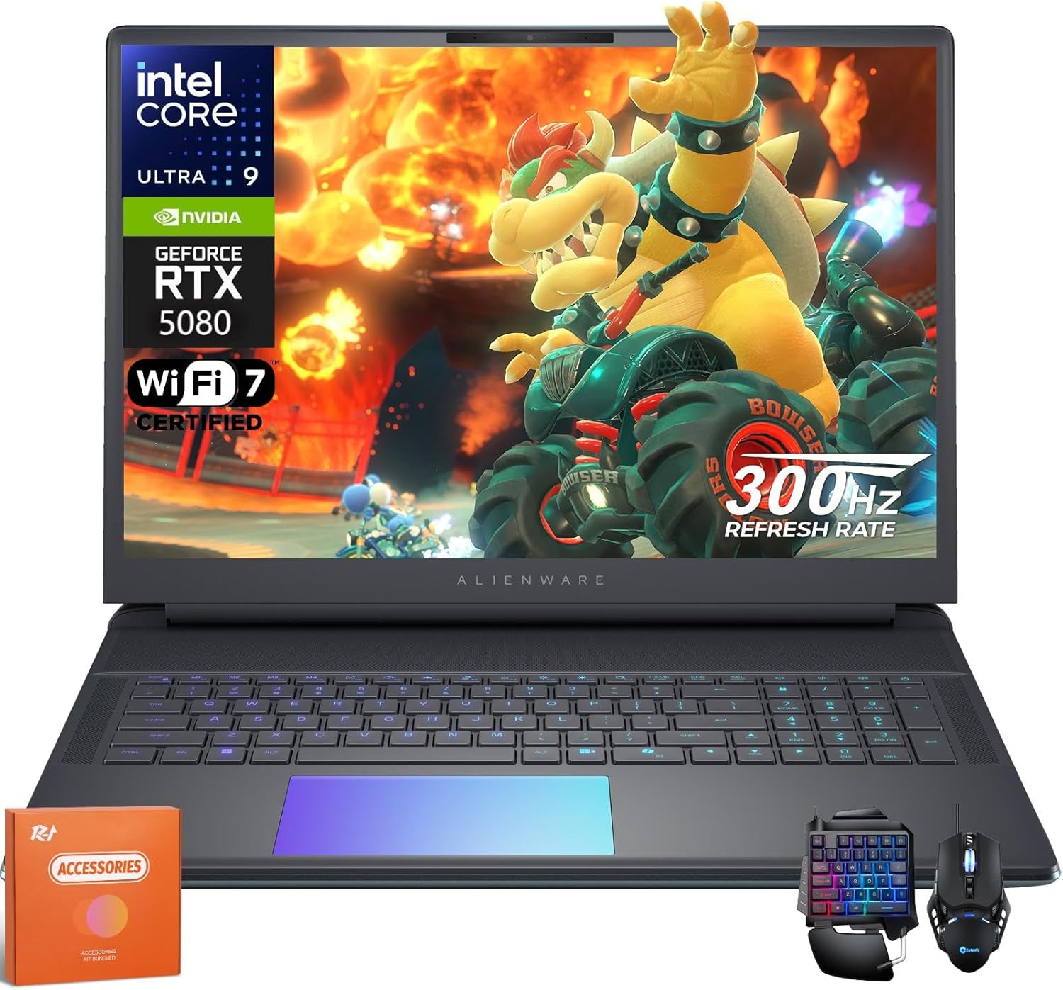 Alienware 18 Area-51 Gaming Laptop 2025, NVIDIA RTX 5080, Intel Ultra 9 275HX, 18″ QHD+ 300Hz, 64 GB DDR5, 8 TB SSD, 4K Camera, WiFi 7, Backlit KB, One-handed keyboard, Windows 11 Pro, Gaming Mouse