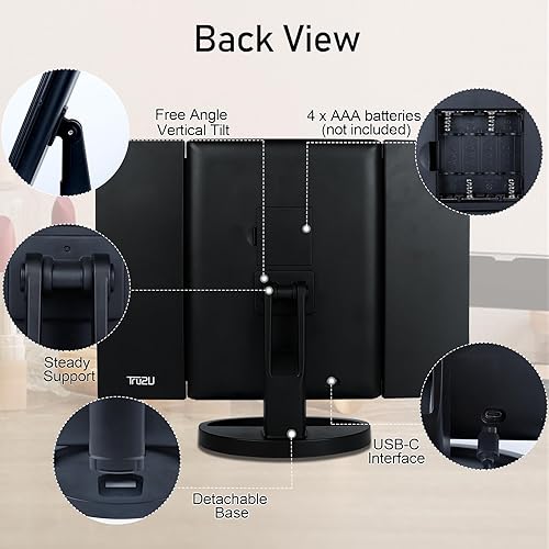 Miniatura 5 de Espejo de maquillaje de tocador con luces y aumento, espejo de 3 vías, espejo portátil tríptico, aumento 1X 2X 3X, dos fuentes de alimentación,