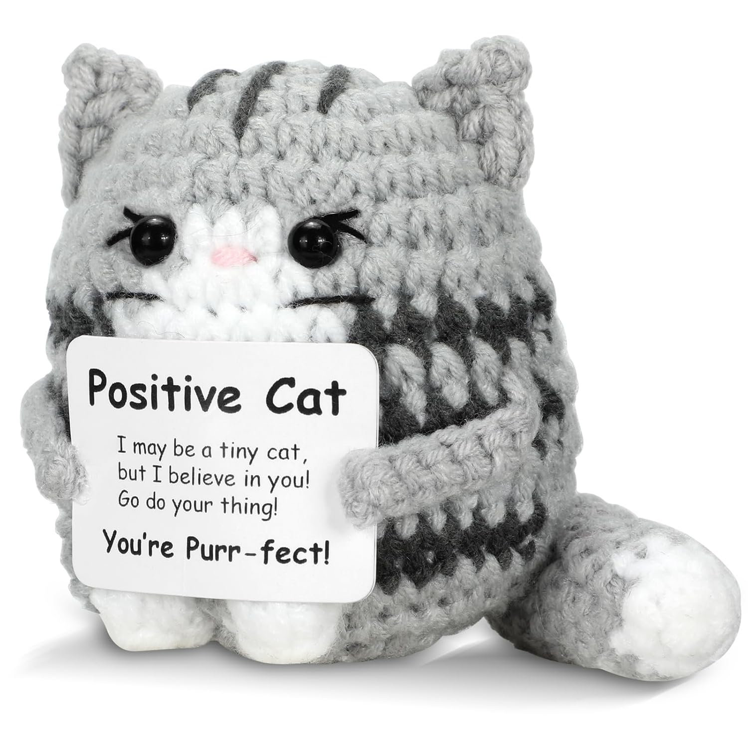 Mini Positive Crochet Cat, Handmade Emotional Support Knitted Doll with Inspirational Message, Cute Motivational Gift for Women, Men & Friends