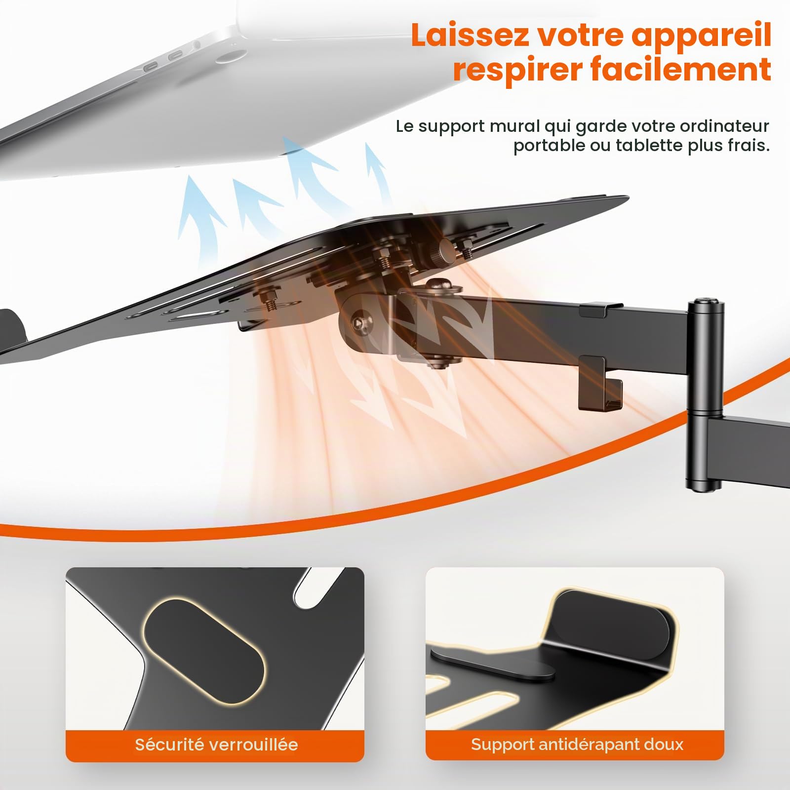 Support Mural pour Ordinateur Portable & Tablette, Capacité 5 KG, Bras en Métal 300x250 mm, Compatible PC 12-17″ & Tablette 10-13″, Norme VESA 75/100 mm, pour Bureau Maison & Cuisine