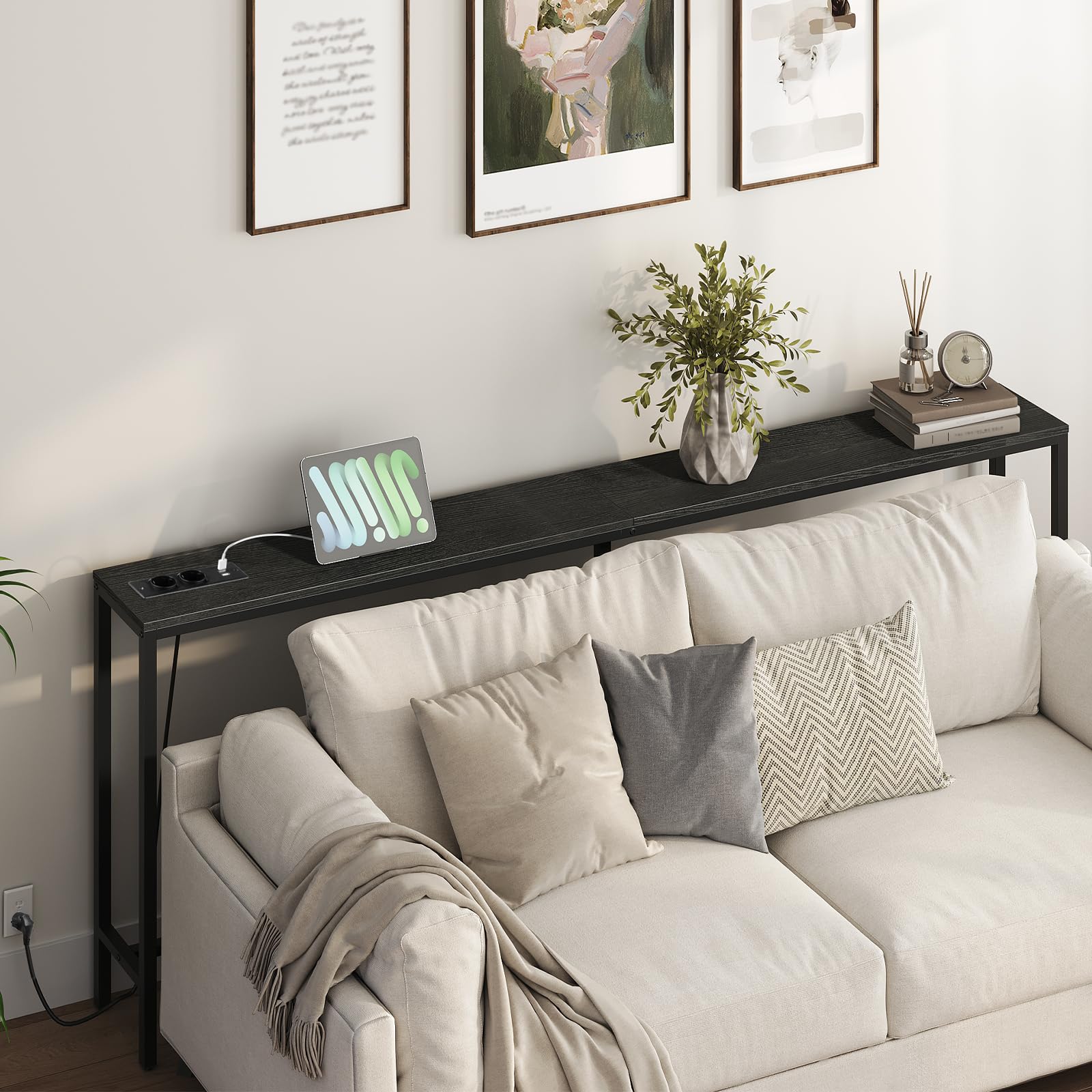 MAHANCRIS Konsolentisch mit Ladestation, 200 cm schmaler Sofatisch, industrieller Eingangstisch mit USB-Anschlüssen, Sofa-Beistelltisch für Eingang, Flur, Foyer, Wohnzimmer, Schwarz ACTBK20UE01