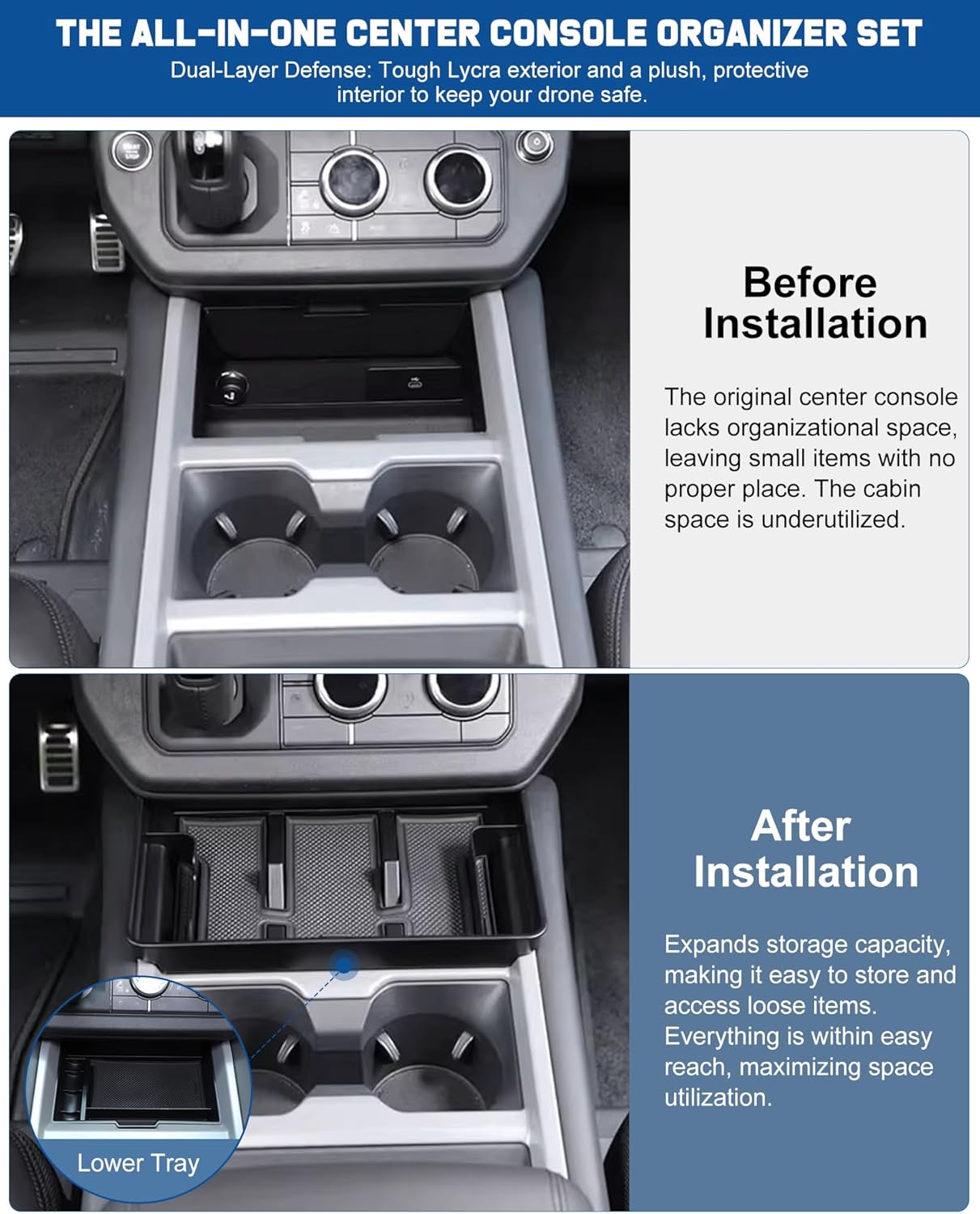 Center Console Organizer Accessories for 2025–2026 Land Rover Defender 90 110 130, 2-Piece Custom Fit 2-Layer Armrest Storage Box Tray with Anti-Slip Mat & Phone Holder