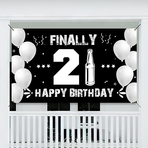 Miniatura 6 de Cartel de fondo de feliz cumpleaños 21, decoraciones de cumpleaños de 21 años para él y ella, negro y plateado, decoración de cumpleaños 21 para