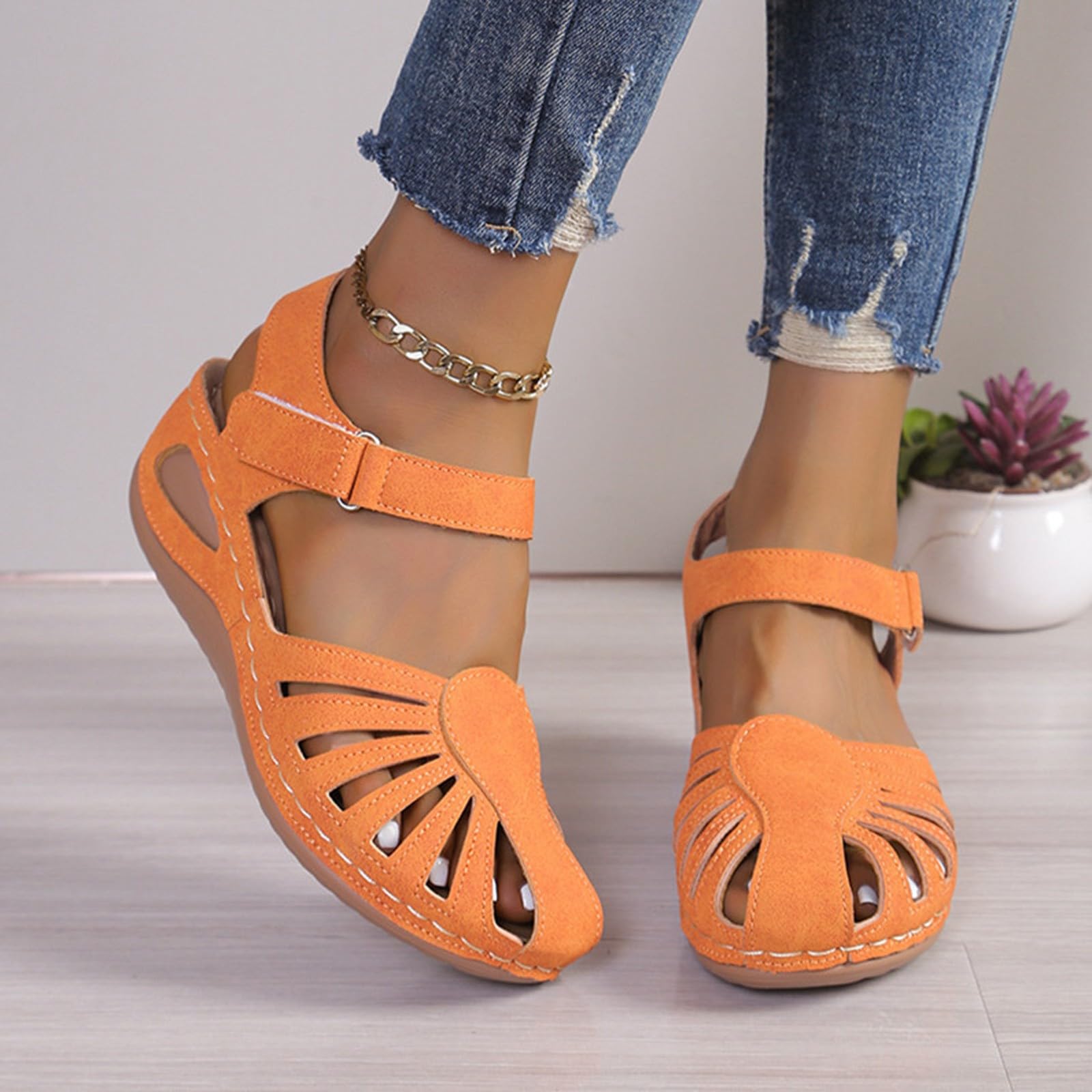 Sandalias de mujer cerradas de punta con cuña - Sandalias de mujer de verano ortopédicas desgarro zapatos cerrados delante con patrón perforado sandalia con cierre en el tobillo casual sandalia
