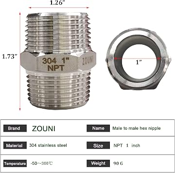ZOUNI 5PCS Hex Nipple 1 x 1 Male Pipe Fittings, NPT 1 inch Male Threaded Pipe Adapter Fittings Equal Nipples Connectors,304 Stainless Steel MNPT Straight Connector Pipe Fitting