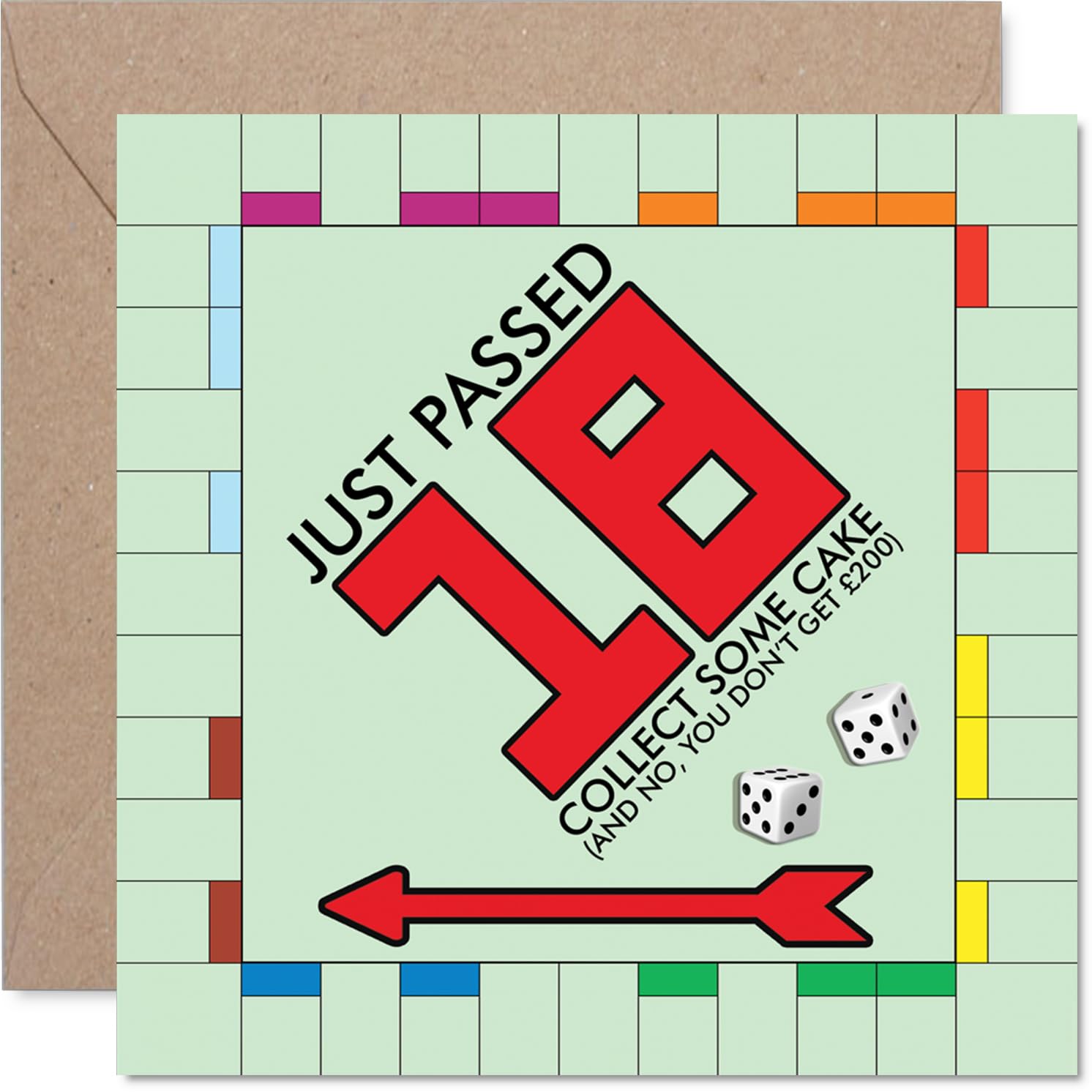 Funny 18th Birthday Card - Level Up to 18 with a Monopoly Twist - Playful Board Game Design and Witty Cake Caption - 145mm Square, Envelope Included