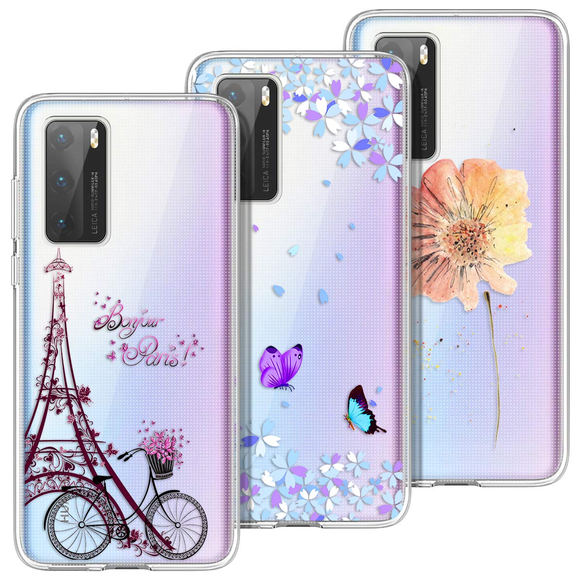 KOTPARX Cases for Huawei P40 Silicone Case Clear Transparent Soft Flexible Cover Bumper Cute Cartoon Pattern Slim Shockproof Protective Case [3 Pack] - Butterfly + Flower + Eiffel Tower Bicycle